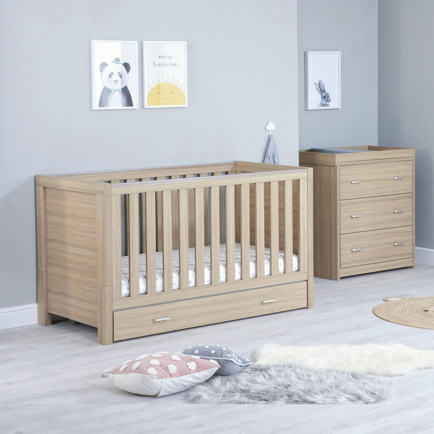 Babymore Veni 2 Piece Nursery Room Set (with under-cot storage) - Oak-Dreamy Nursery