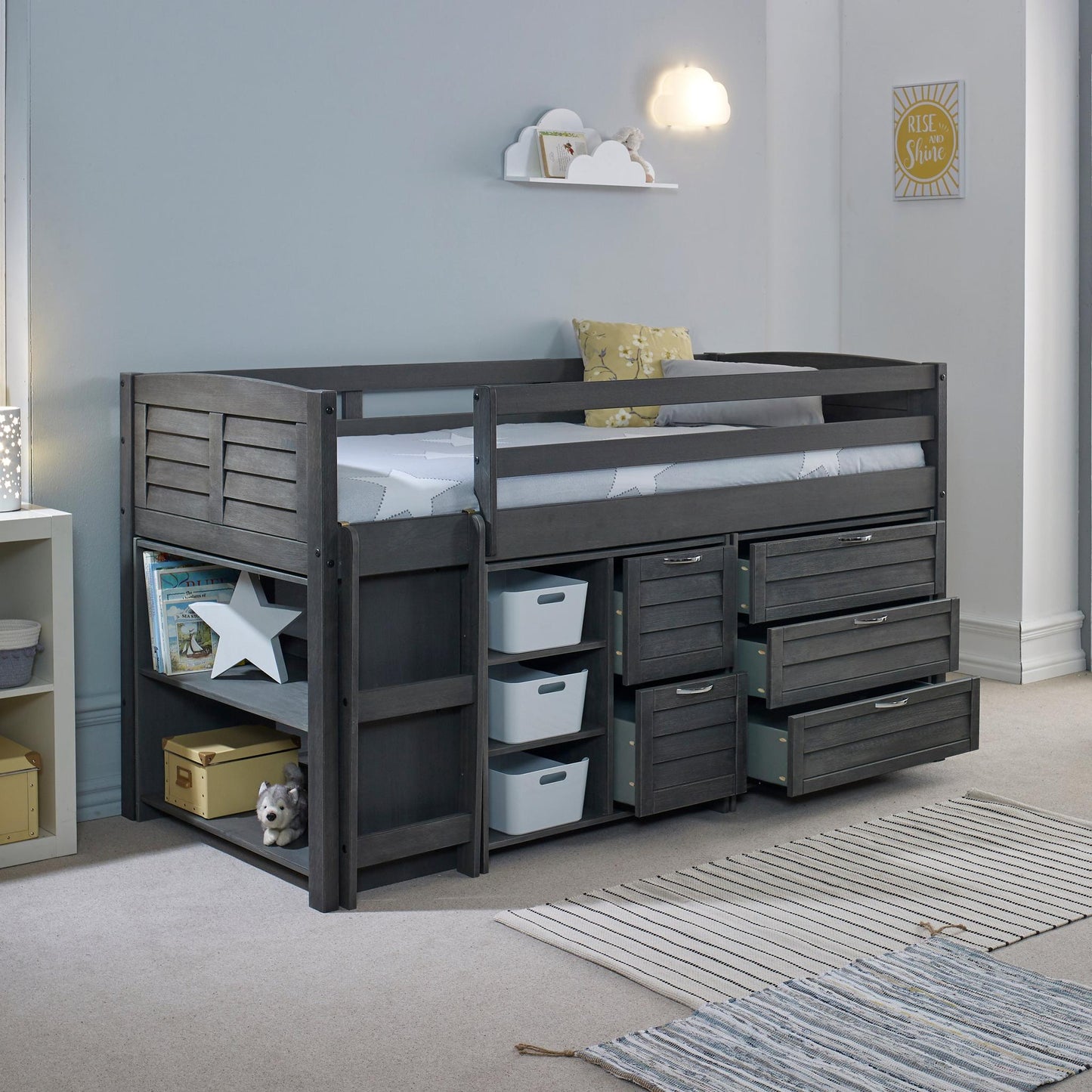 Amani Cozy Mid Sleeper - Grey (Ladder Left)-Dreamy Nursery