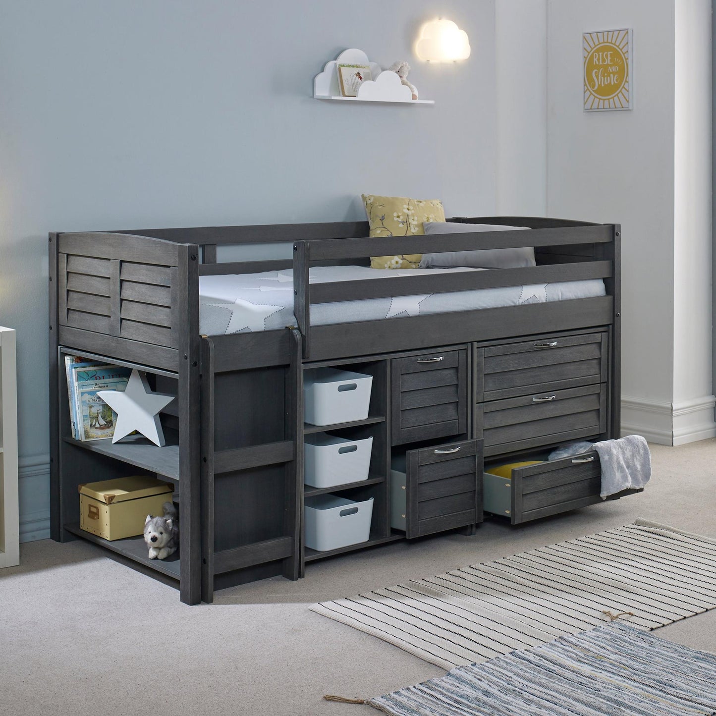 Amani Cozy Mid Sleeper - Grey (Ladder Left)-Dreamy Nursery