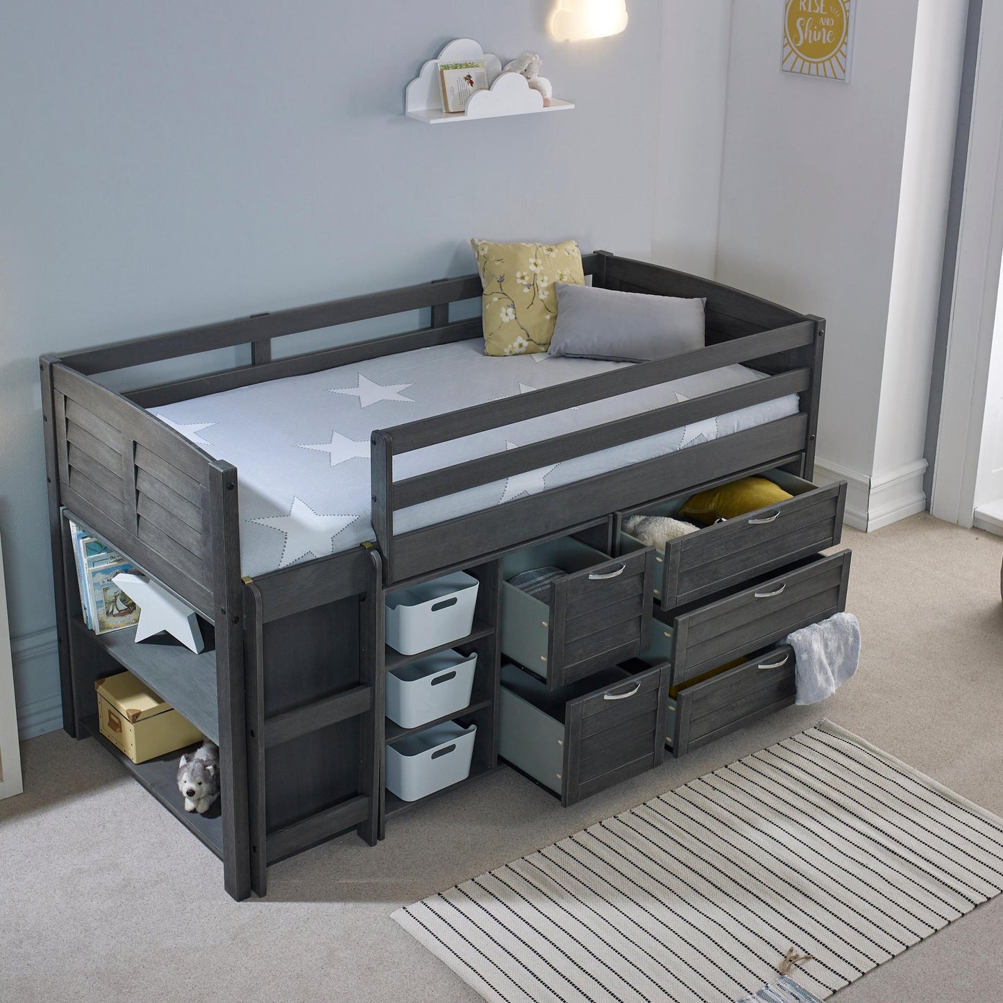 Amani Cozy Mid Sleeper - Grey (Ladder Left)-Dreamy Nursery