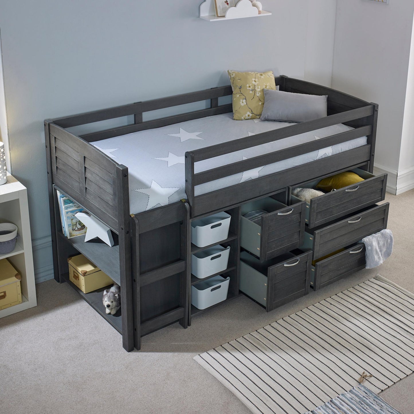 Amani Cozy Mid Sleeper - Grey (Ladder Left)-Dreamy Nursery
