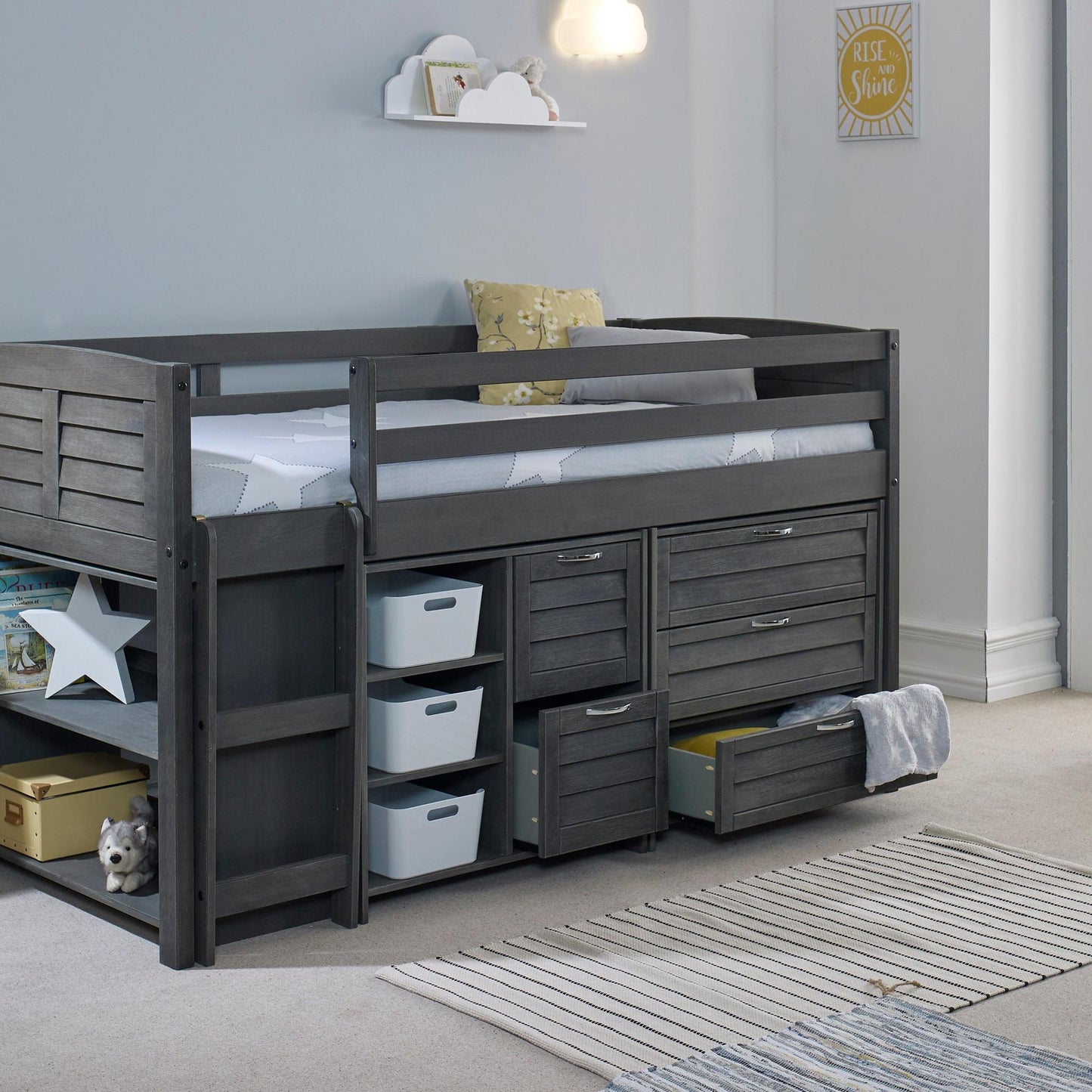 Amani Cozy Mid Sleeper - Grey (Ladder Left)-Dreamy Nursery