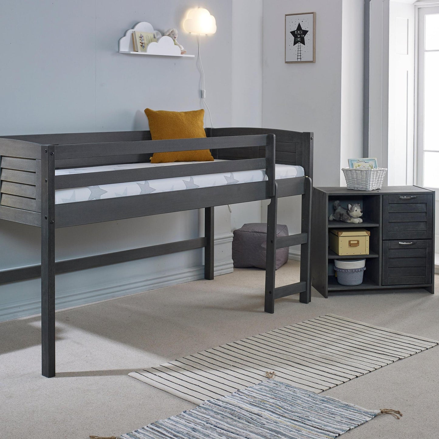 Amani Cozy Mid Sleeper - Grey (Ladder Right)-Dreamy Nursery