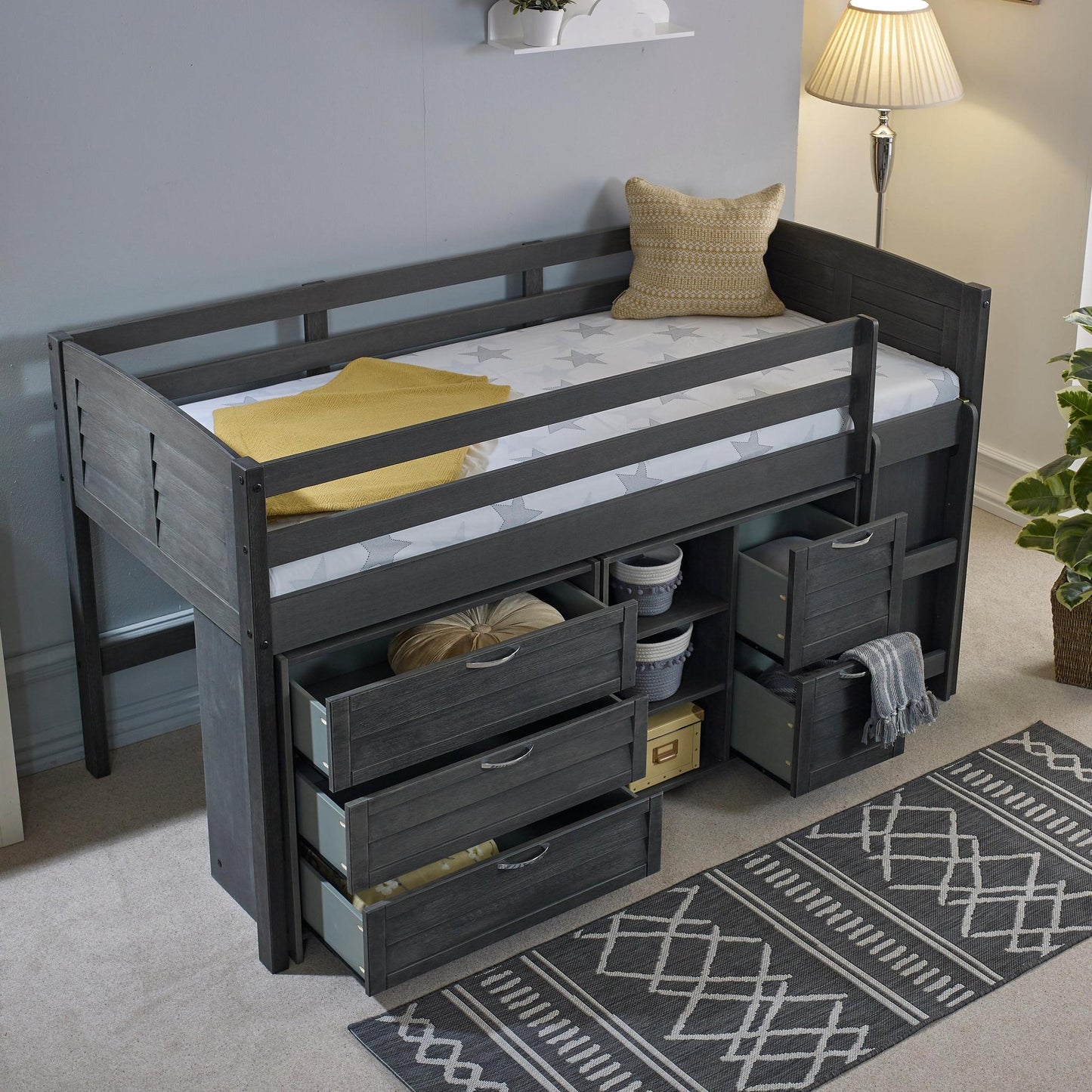 Amani Cozy Mid Sleeper - Grey (Ladder Right)-Dreamy Nursery