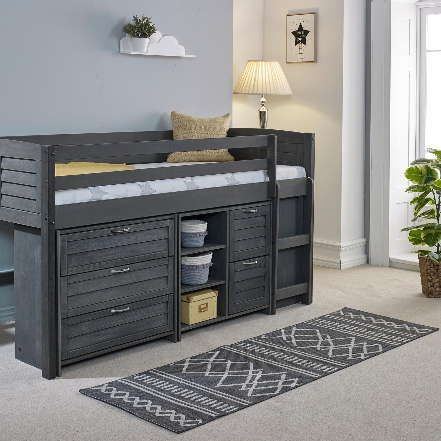Amani Cozy Mid Sleeper - Grey (Ladder Right)-Dreamy Nursery