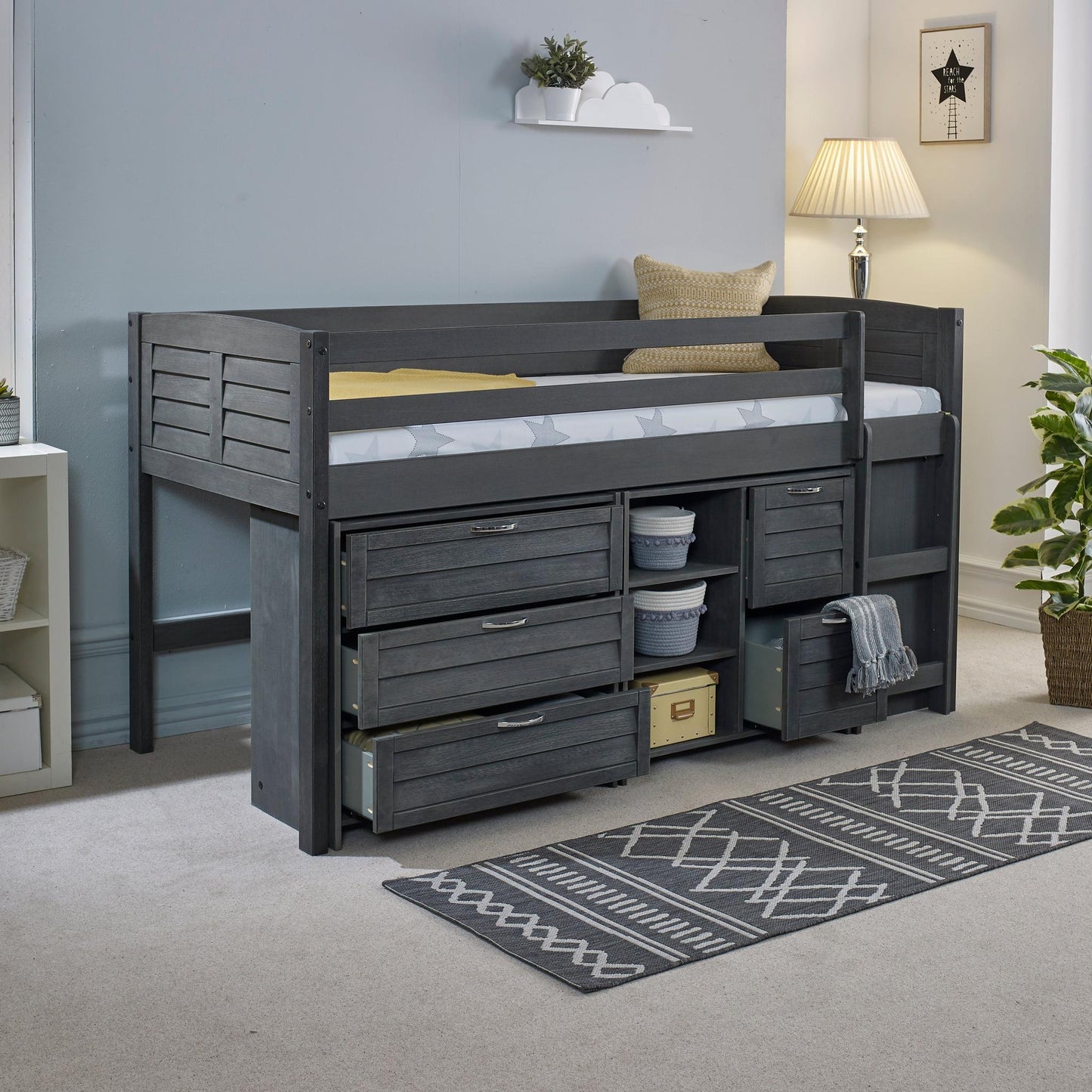 Amani Cozy Mid Sleeper - Grey (Ladder Right)-Dreamy Nursery