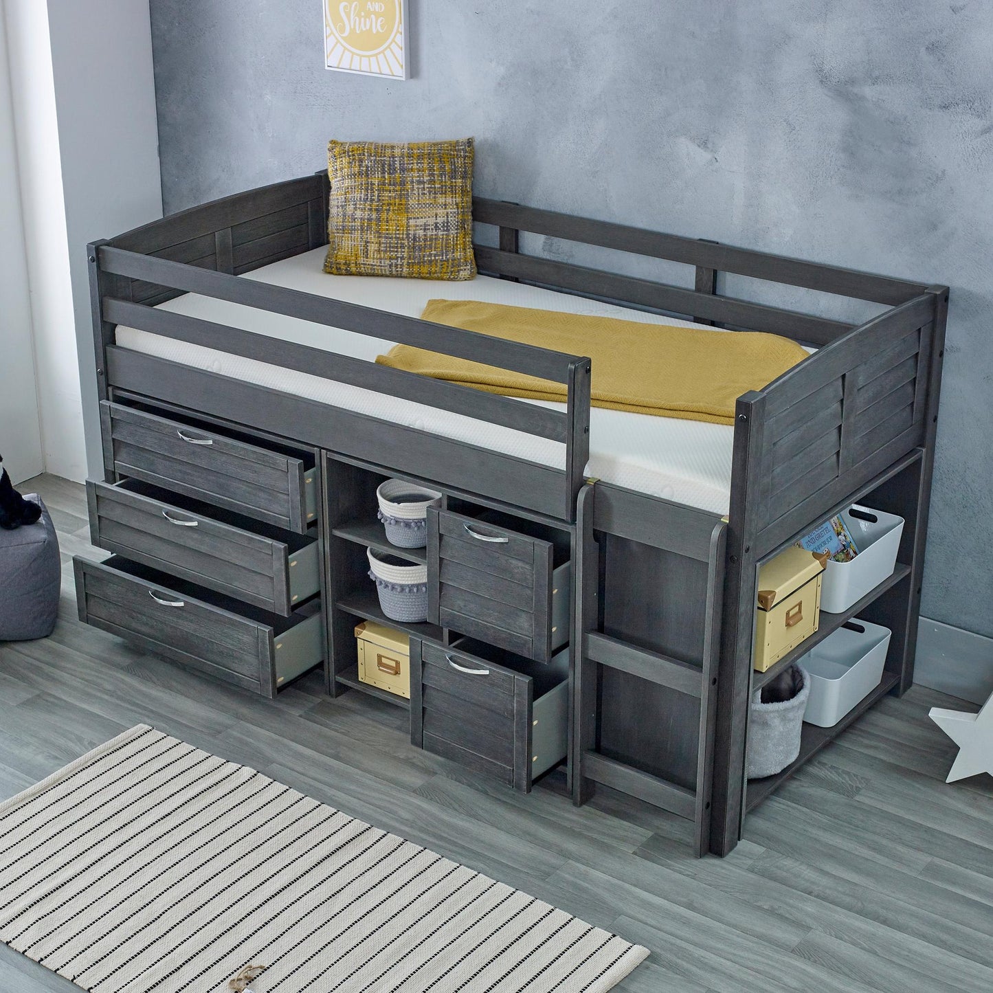 Amani Cozy Mid Sleeper - Grey (Ladder Right)-Dreamy Nursery