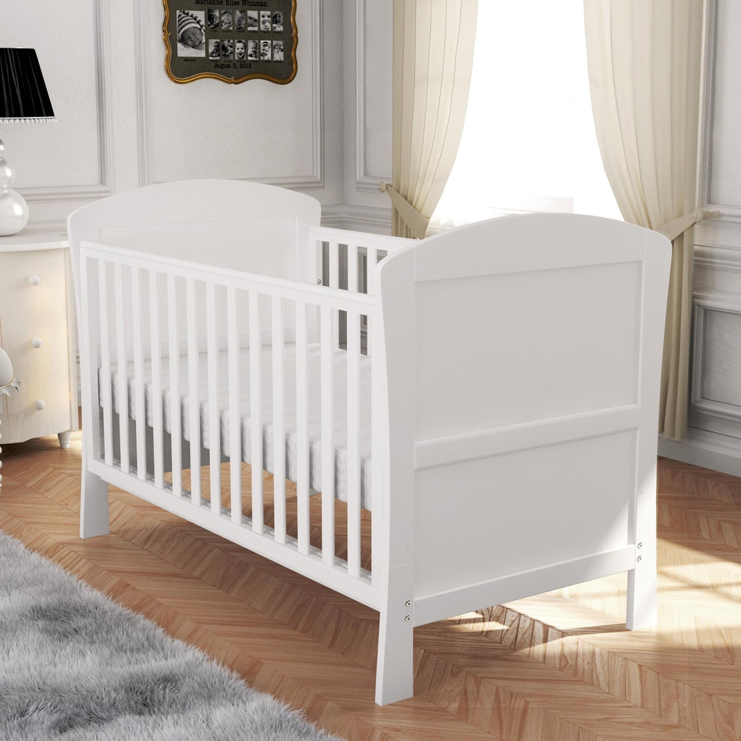 Babymore Aston Drop Side Cot Bed – White-Dreamy Nursery