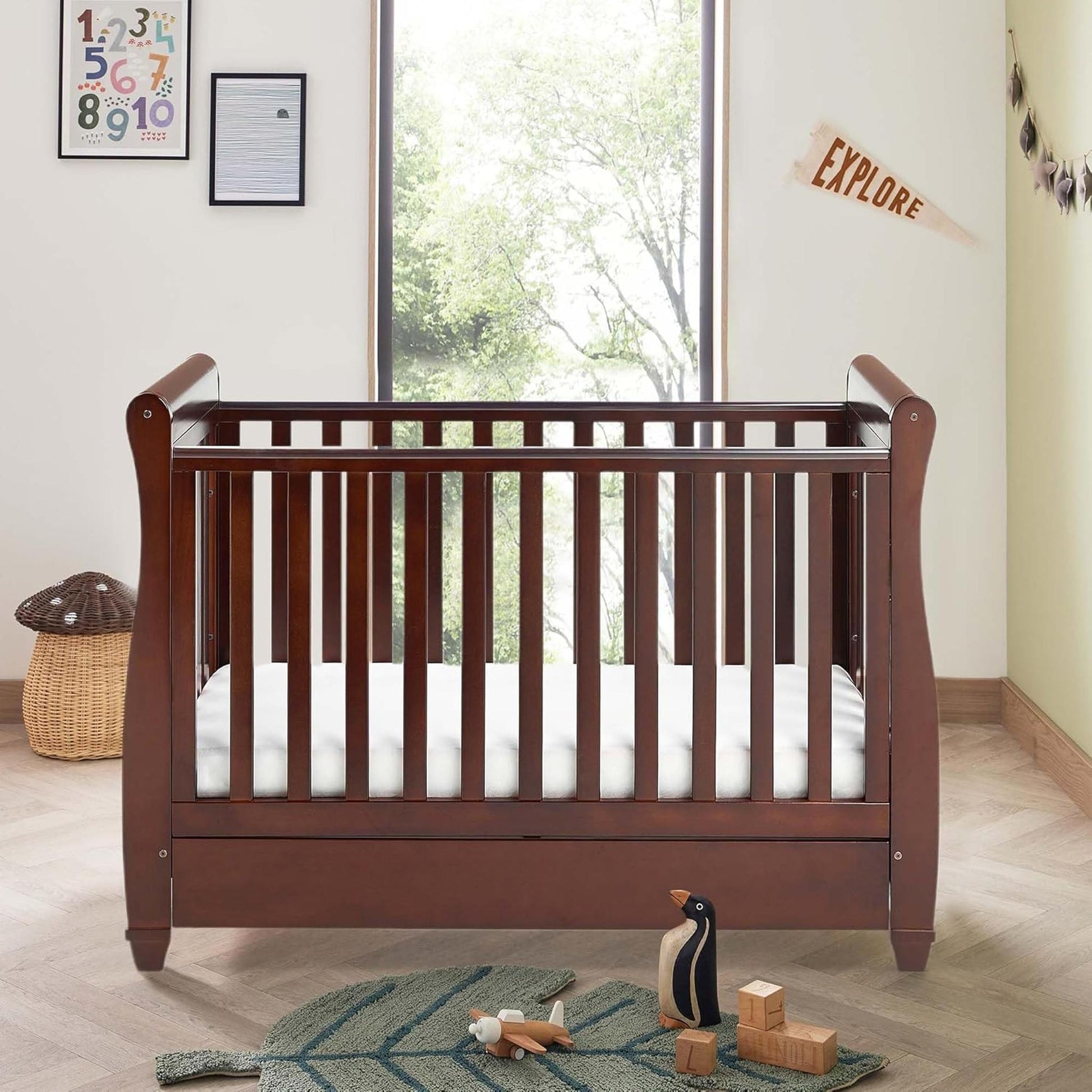 Babymore Eva Sleigh Cot Bed Drop Side (with under-cot storage) - Brown-Dreamy Nursery