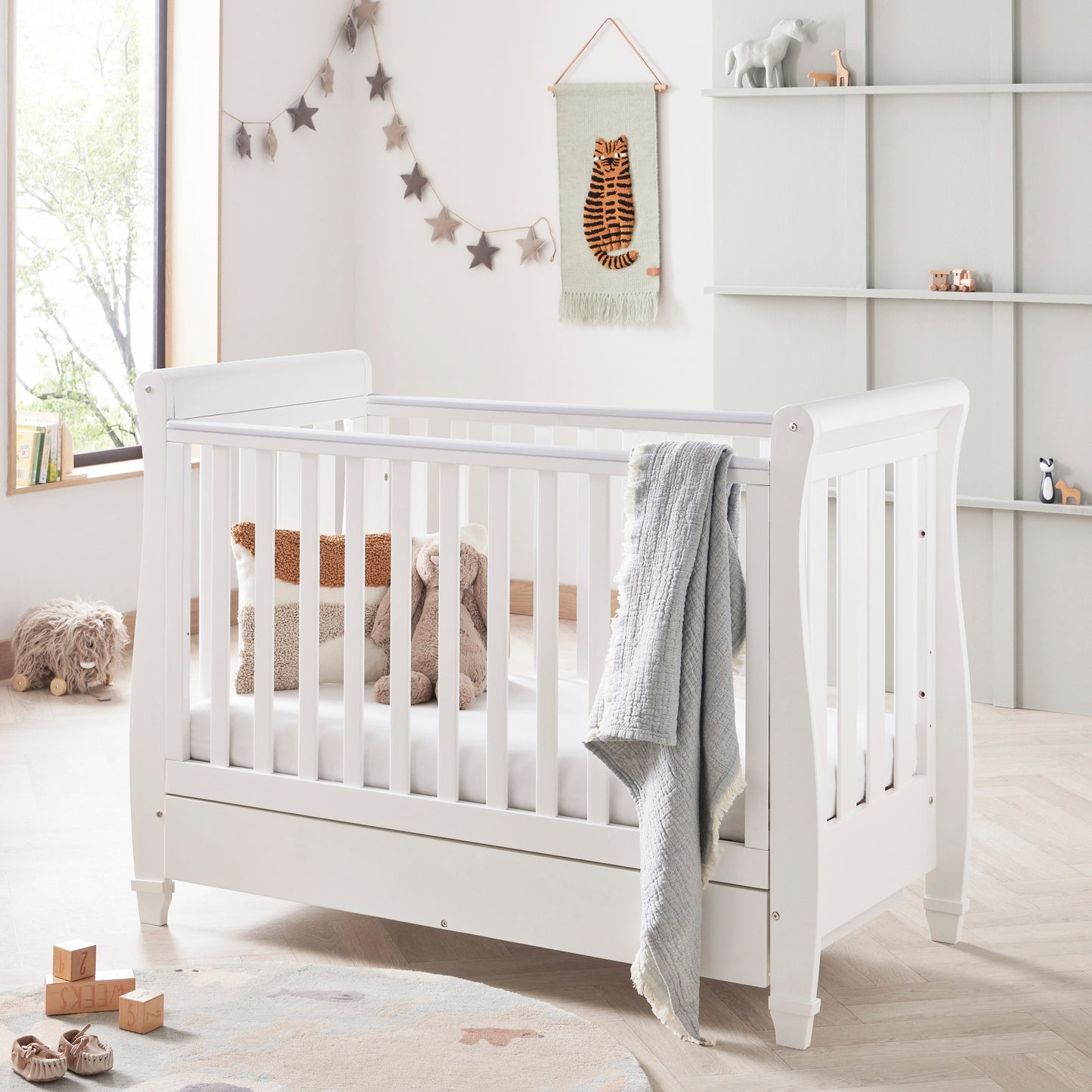Babymore Eva Sleigh Cot Bed Drop Side (with under-cot storage) - White-Dreamy Nursery