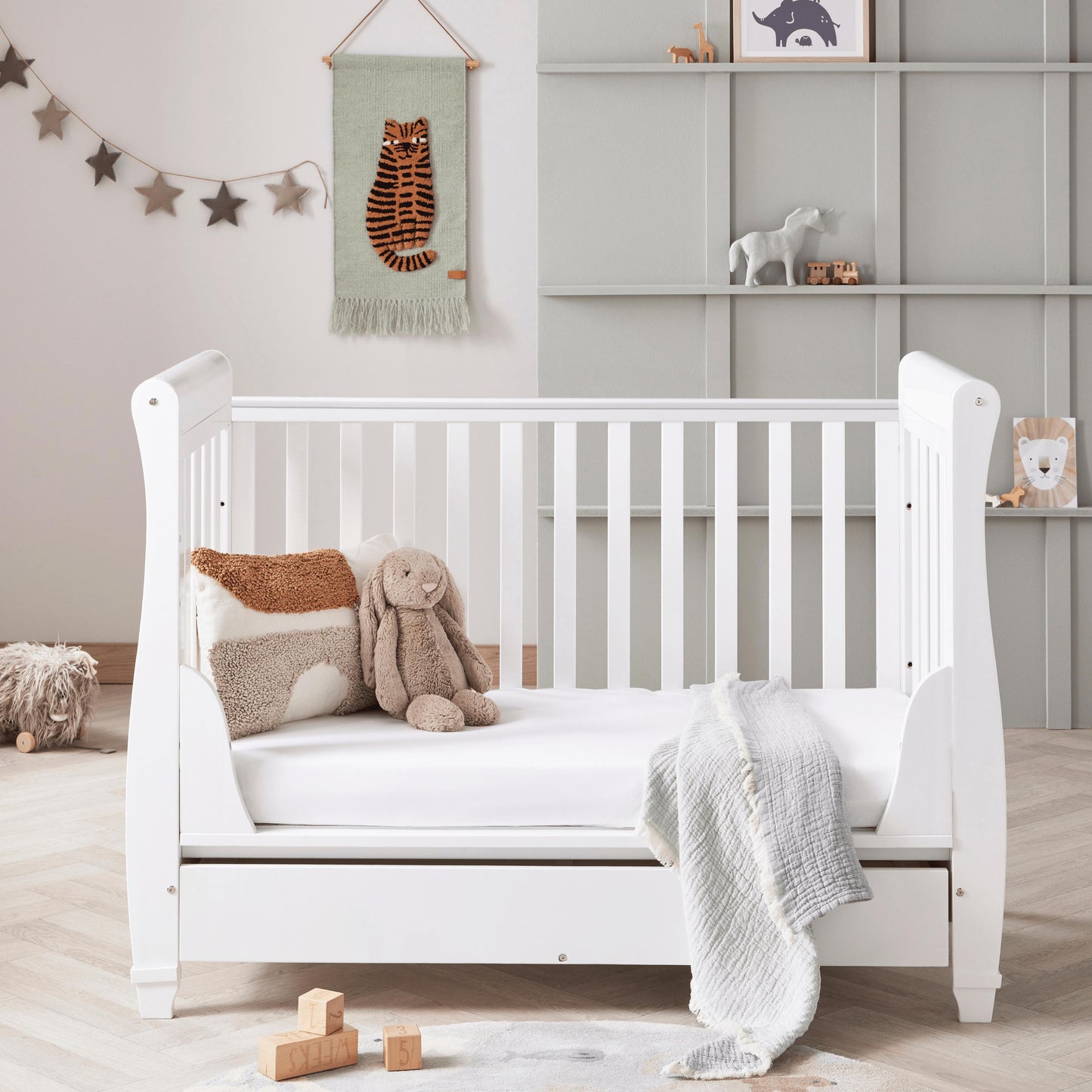 Babymore Eva Sleigh Cot Bed Drop Side (with under-cot storage) - White-Dreamy Nursery