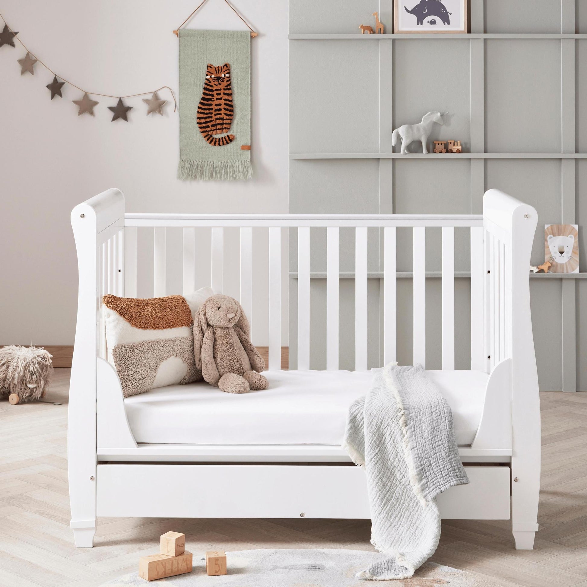 Babymore Eva Sleigh Cot Bed Drop Side (with under-cot storage) - White-Dreamy Nursery