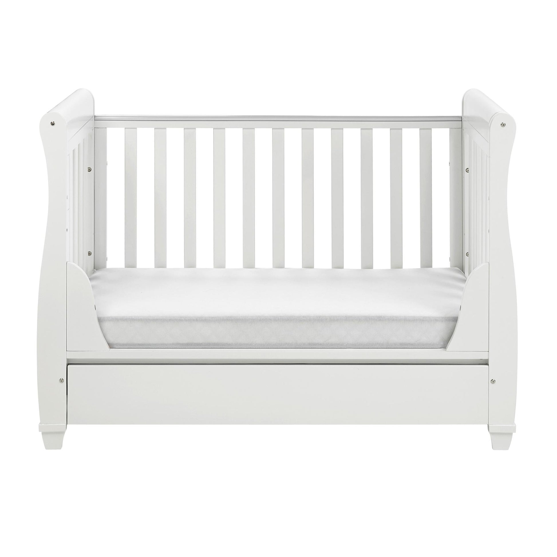 Babymore Eva Sleigh Cot Bed Drop Side (with under-cot storage) - White-Dreamy Nursery