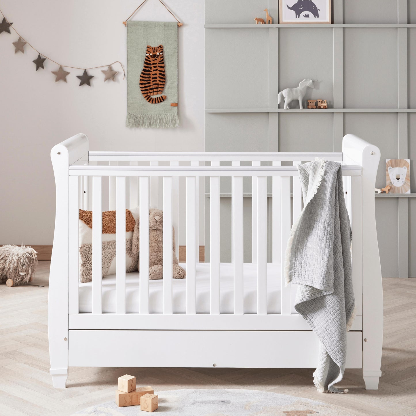 Babymore Eva Sleigh Cot Bed Drop Side (with under-cot storage) - White-Dreamy Nursery