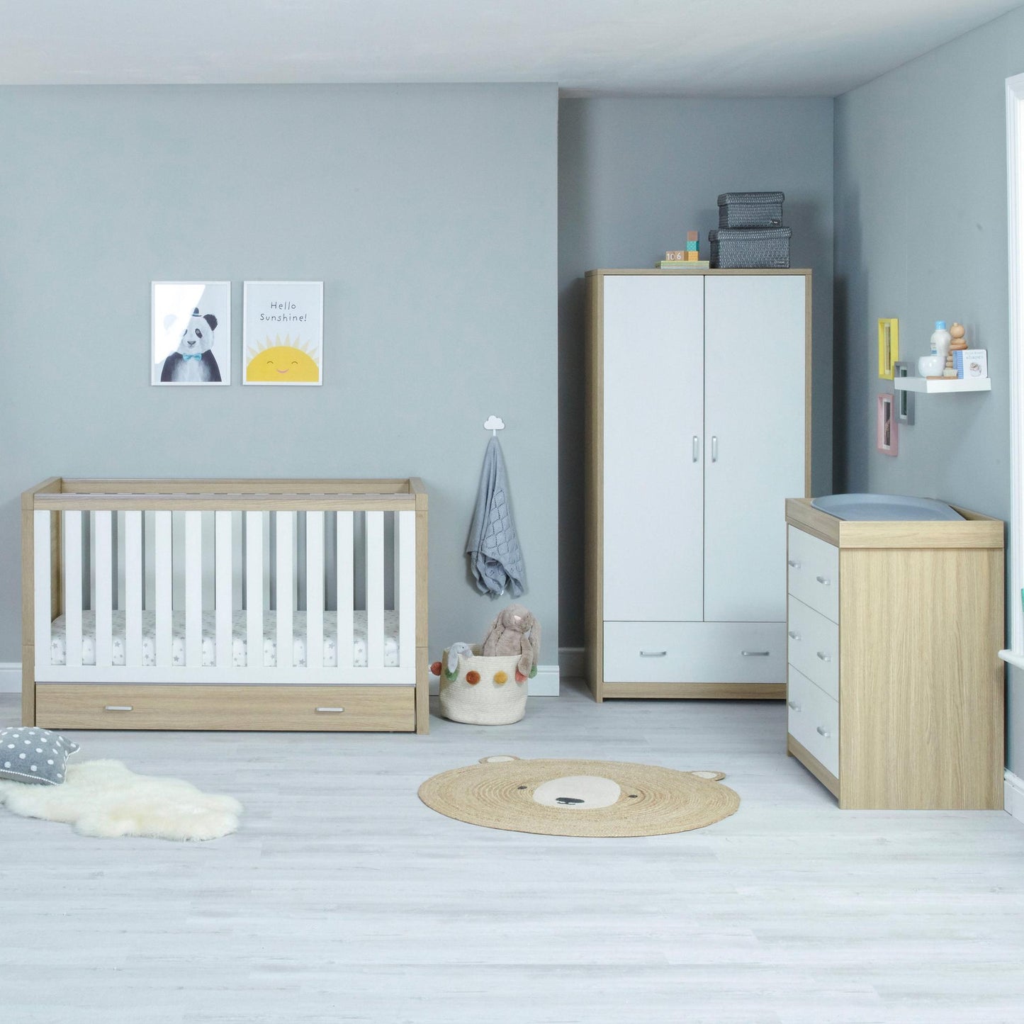 Babymore Luno 3 Piece Nursery Furniture Set – Oak & White (with under-cot storage)-Dreamy Nursery