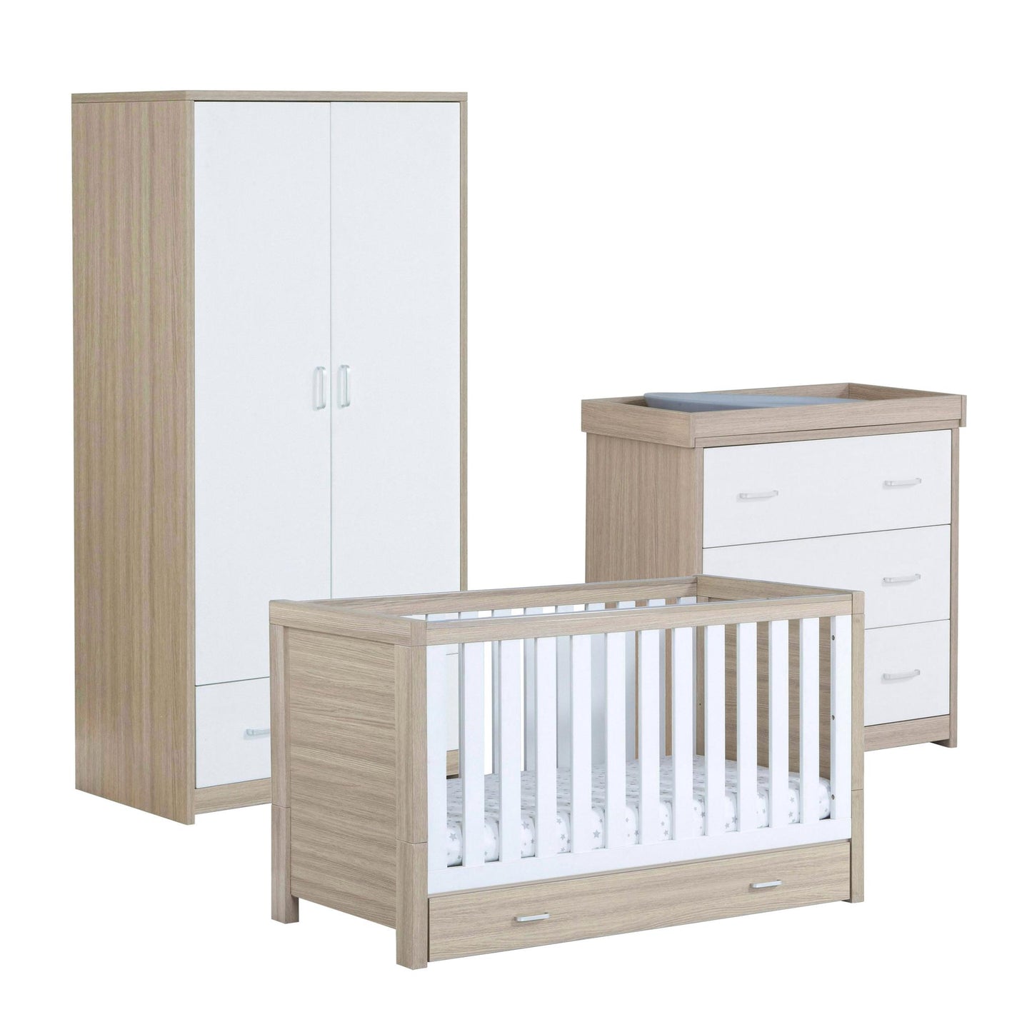 Babymore Luno 3 Piece Nursery Furniture Set – Oak & White (with under-cot storage)-Dreamy Nursery