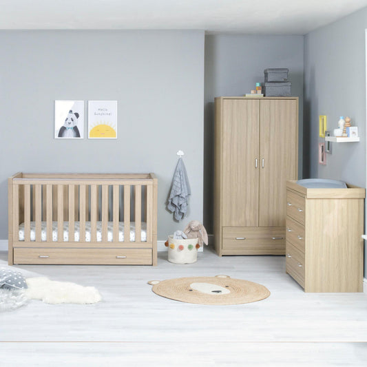 Babymore Luno 3 Piece Nursery Furniture Set – Oak (with under-cot storage)-Dreamy Nursery