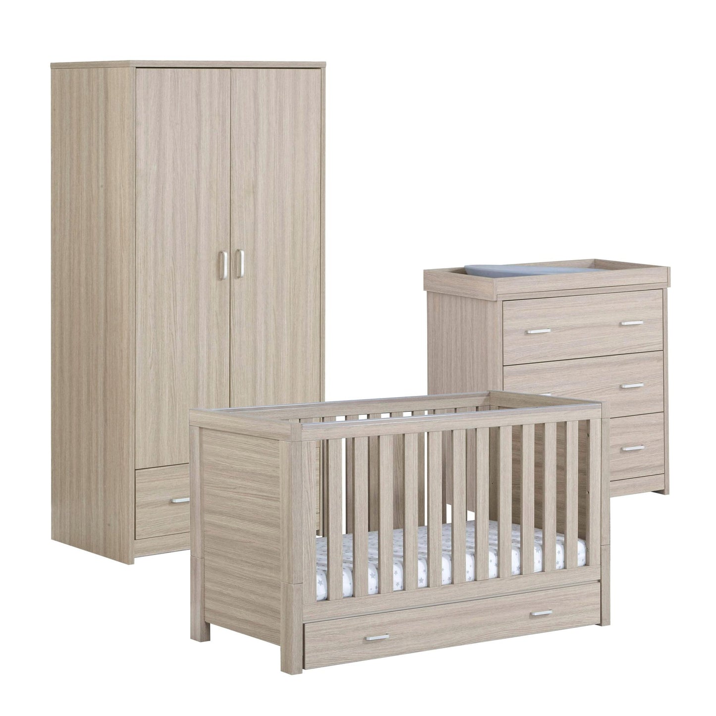 Babymore Luno 3 Piece Nursery Furniture Set – Oak (with under-cot storage)-Dreamy Nursery