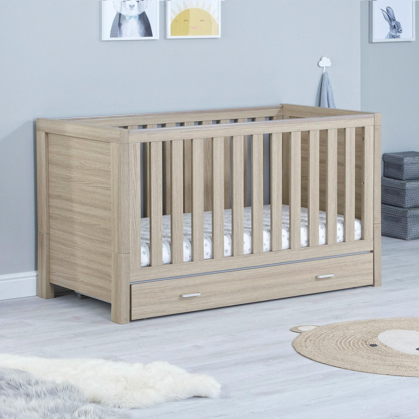 Babymore Luno Cot Bed (with under-cot storage) - Oak-Dreamy Nursery
