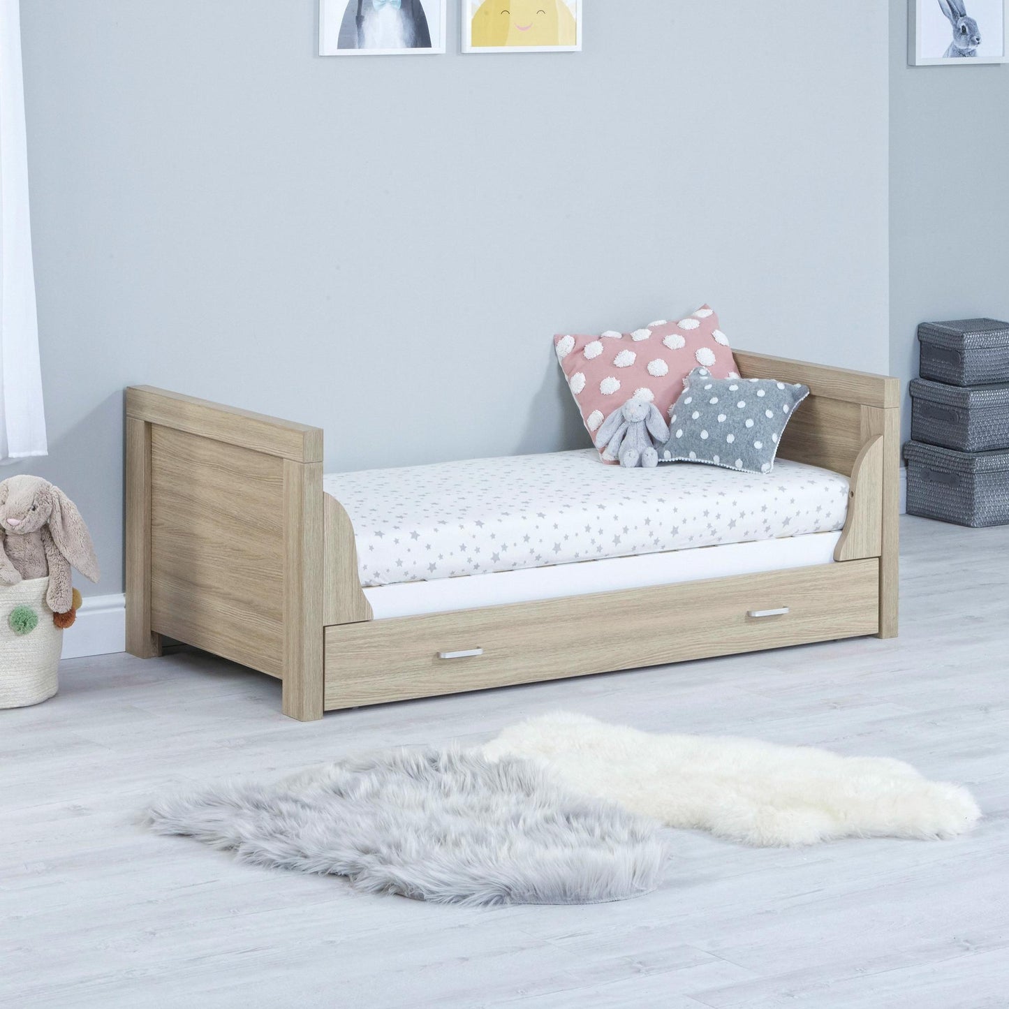 Babymore Luno Cot Bed (with under-cot storage) - Oak & White-Dreamy Nursery