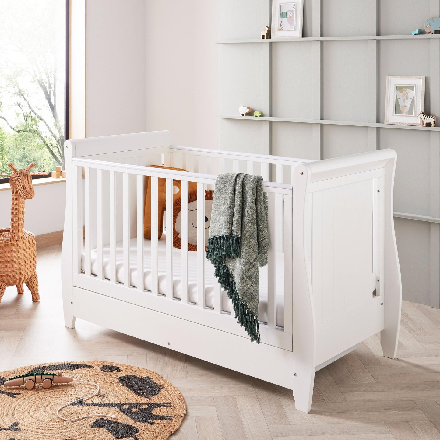 Babymore Stella Sleigh Cot Bed - White-Dreamy Nursery