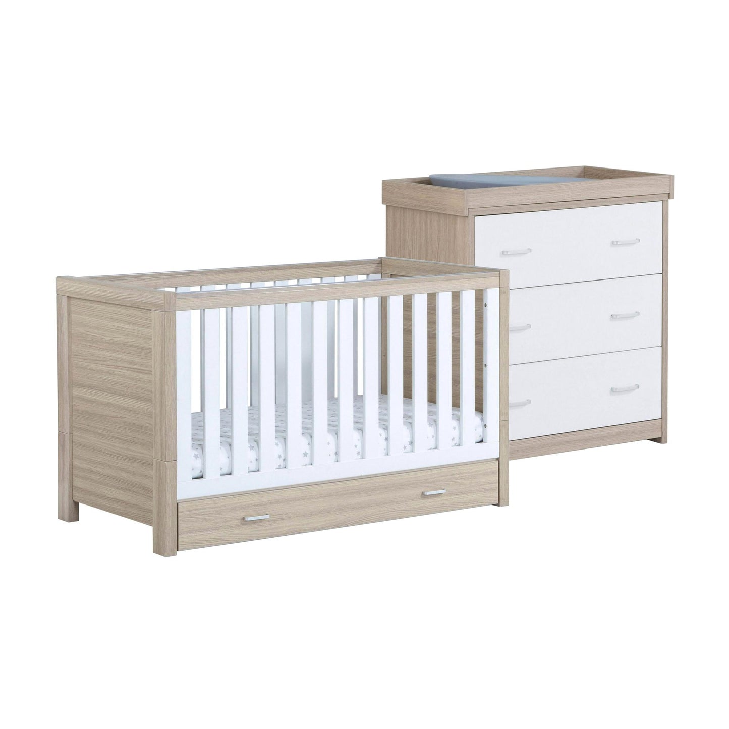 Babymore Veni 2 Piece Nursery Room Set (with under-cot storage) - White & Oak-Dreamy Nursery