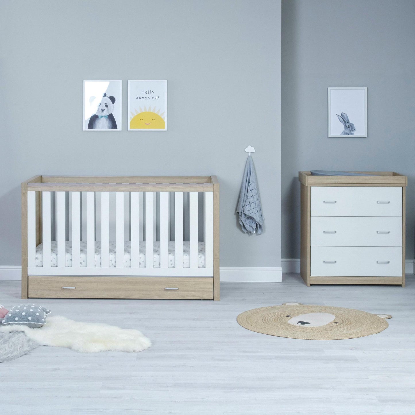 Babymore Veni 2 Piece Nursery Room Set (with under-cot storage) - White & Oak-Dreamy Nursery