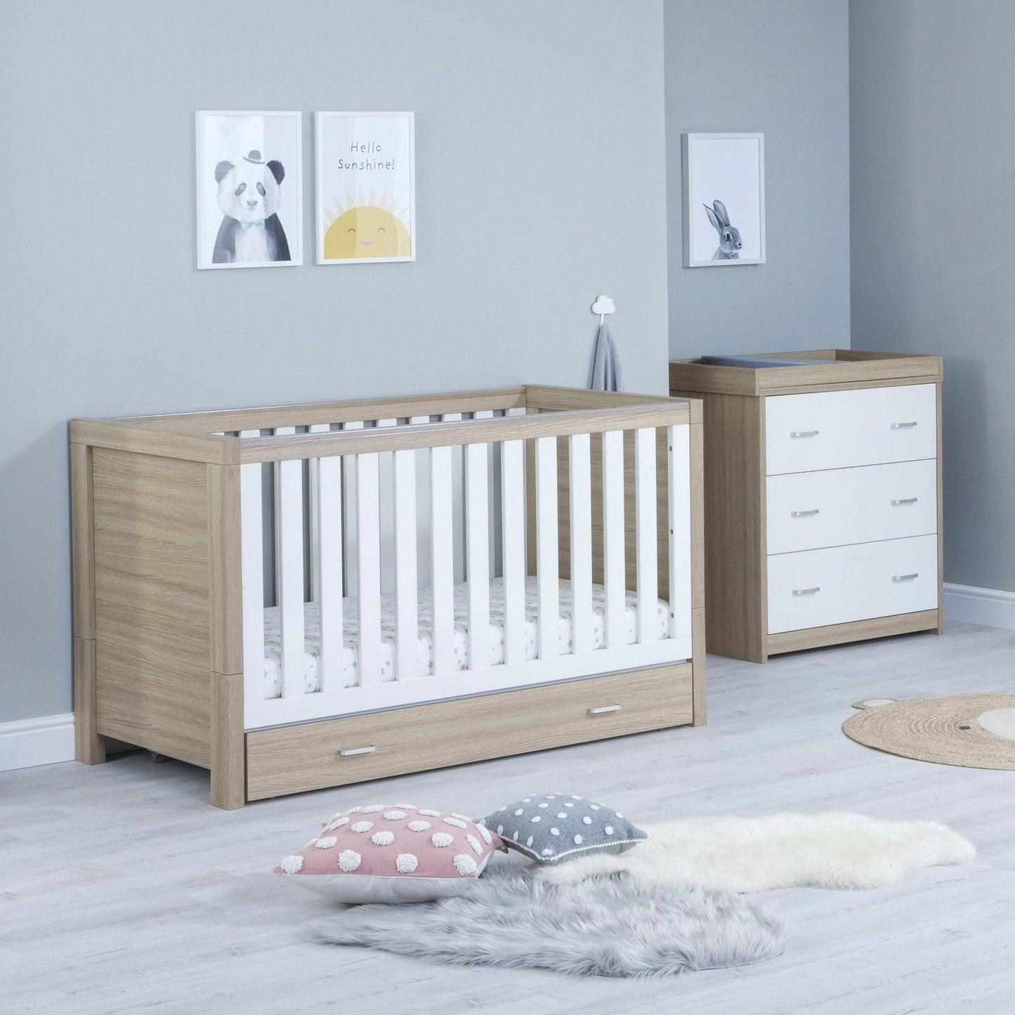 Babymore Veni 2 Piece Nursery Room Set (with under-cot storage) - White & Oak-Dreamy Nursery