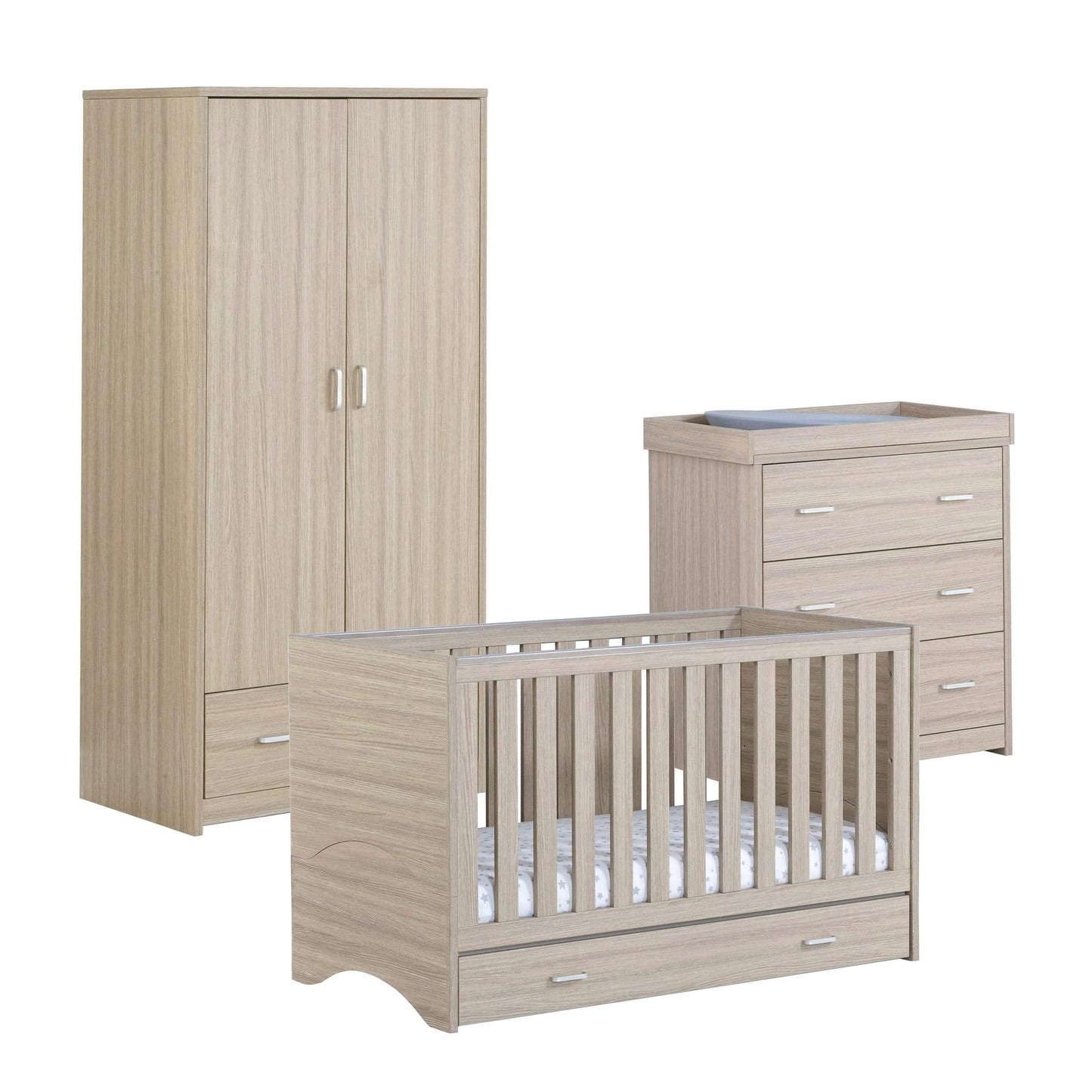 Babymore Veni 3 Piece Nursery Room Set (with under-cot storage) - Oak-Dreamy Nursery