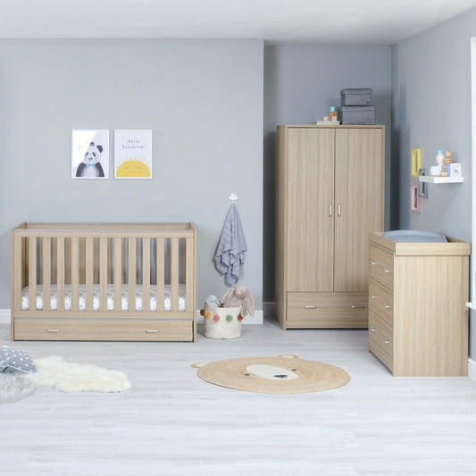 Babymore Veni 3 Piece Nursery Room Set (with under-cot storage) - Oak-Dreamy Nursery