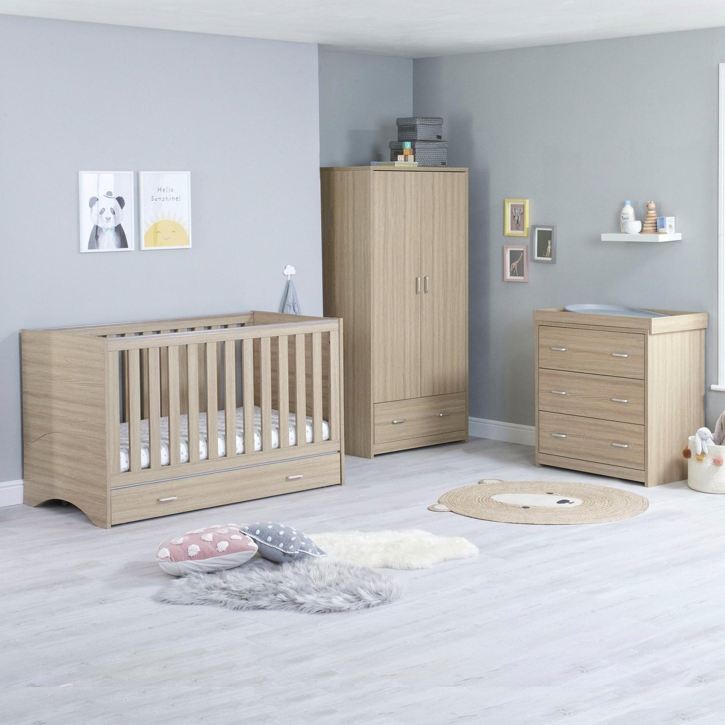 Babymore Veni 3 Piece Nursery Room Set (with under-cot storage) - Oak-Dreamy Nursery