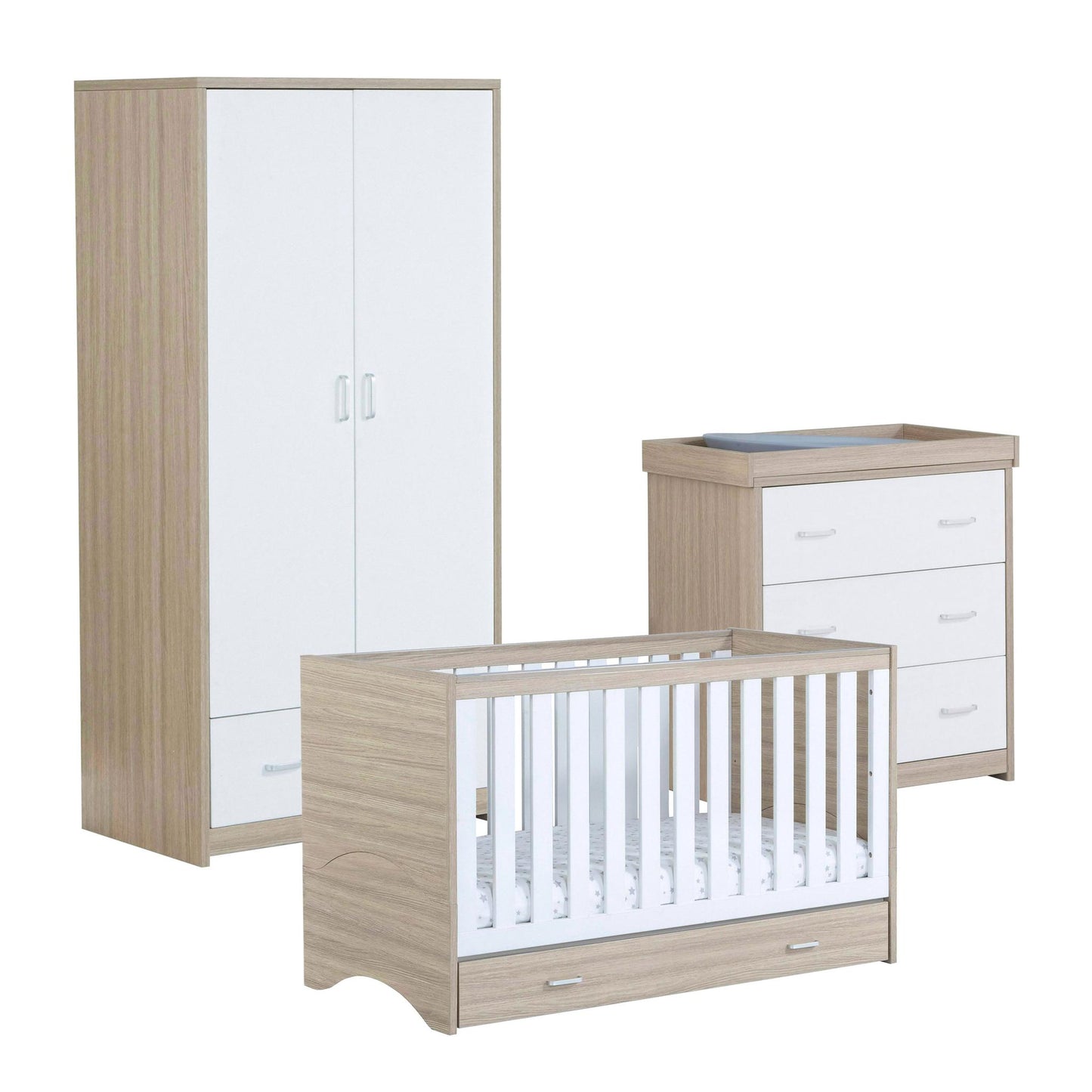 Babymore Veni 3 Piece Nursery Room Set (with under-cot storage) - White & Oak-Dreamy Nursery