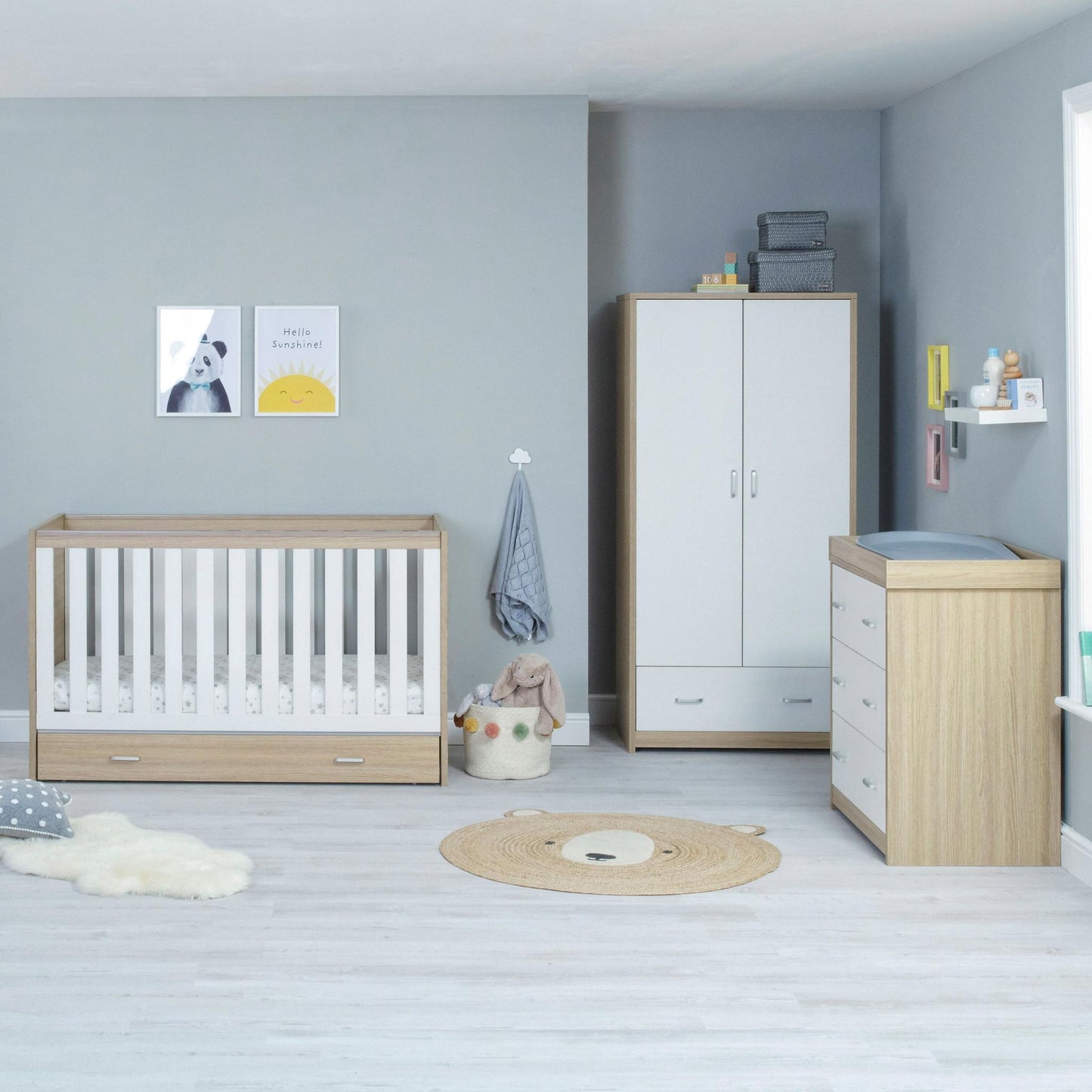 Babymore Veni 3 Piece Nursery Room Set (with under-cot storage) - White & Oak-Dreamy Nursery