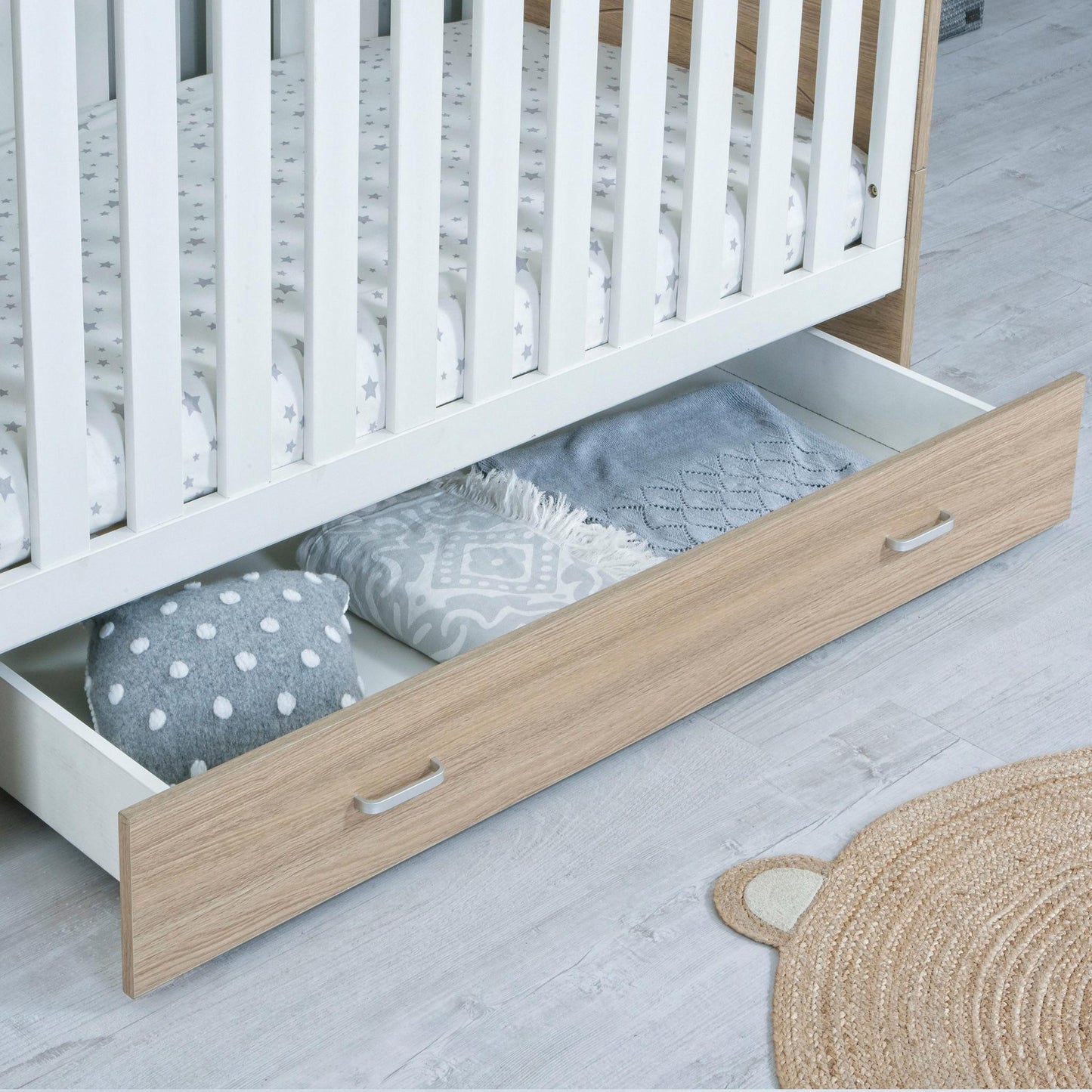 Babymore Veni 3 Piece Nursery Room Set (with under-cot storage) - White & Oak-Dreamy Nursery