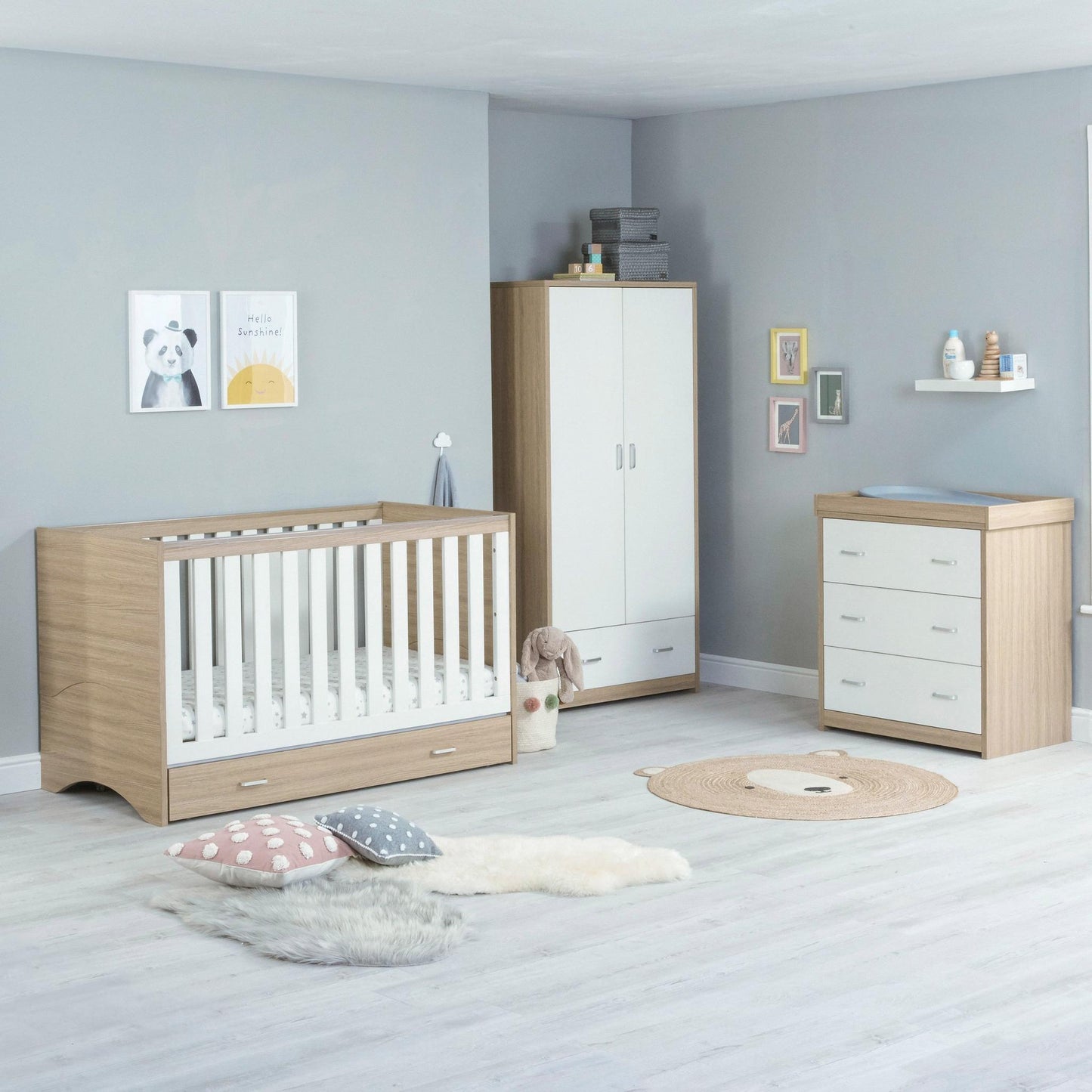 Babymore Veni 3 Piece Nursery Room Set (with under-cot storage) - White & Oak-Dreamy Nursery