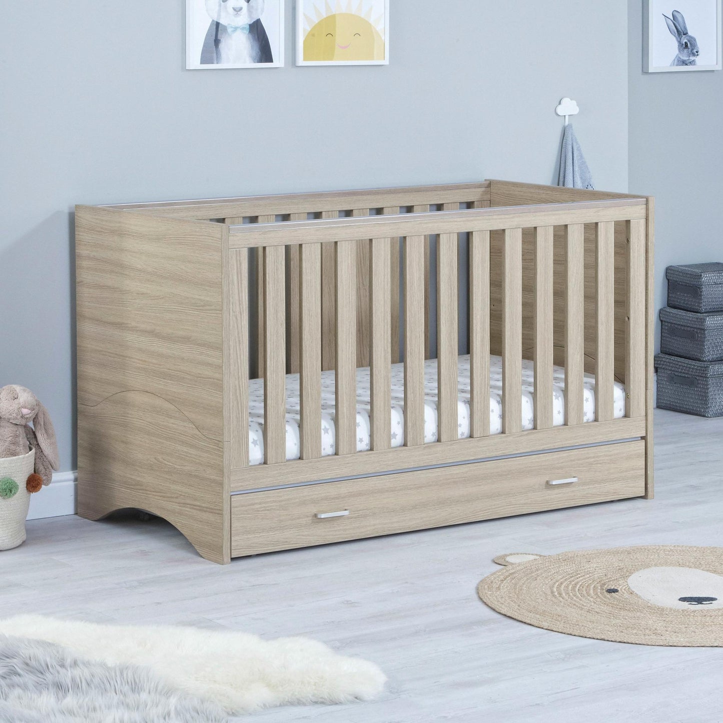 Babymore Veni Cot Bed (with under-cot storage) - Oak-Dreamy Nursery