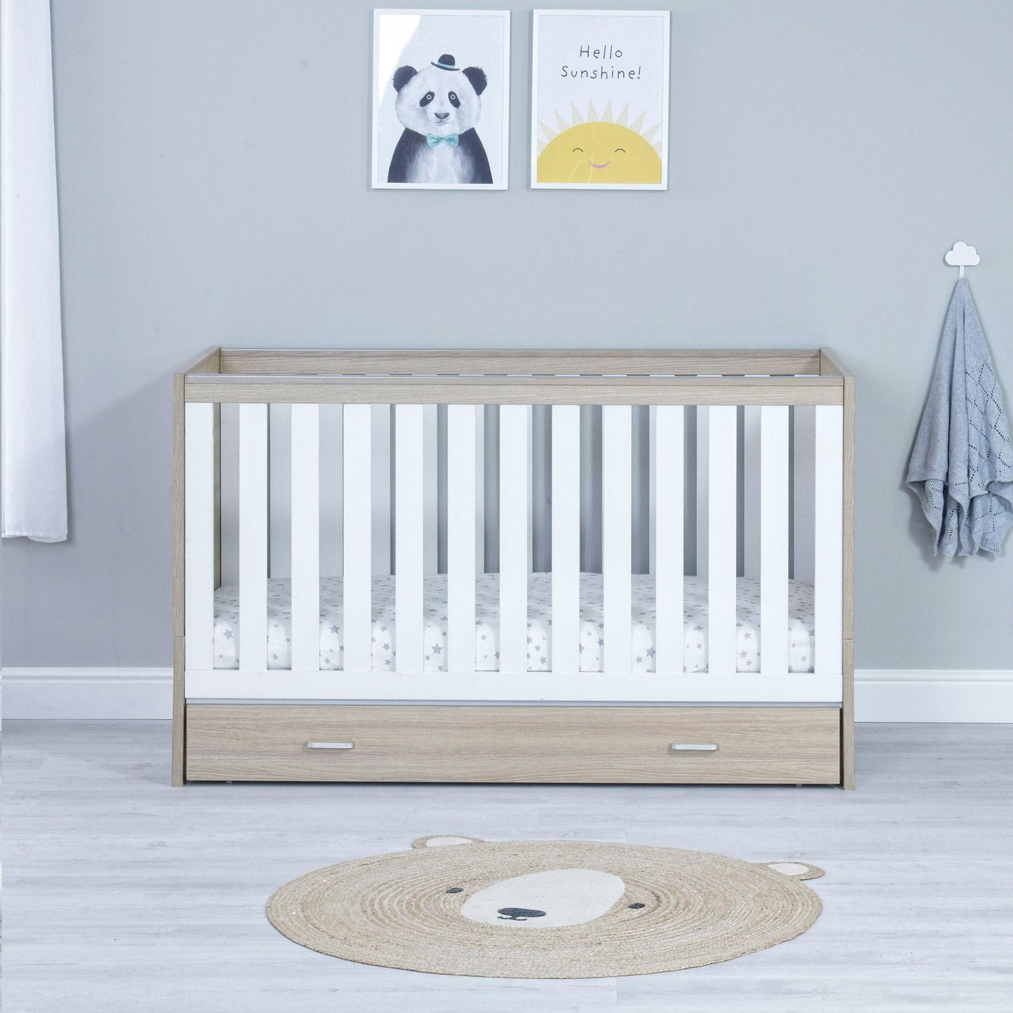 Babymore Veni Cot Bed (with under-cot storage) - Oak & White-Dreamy Nursery