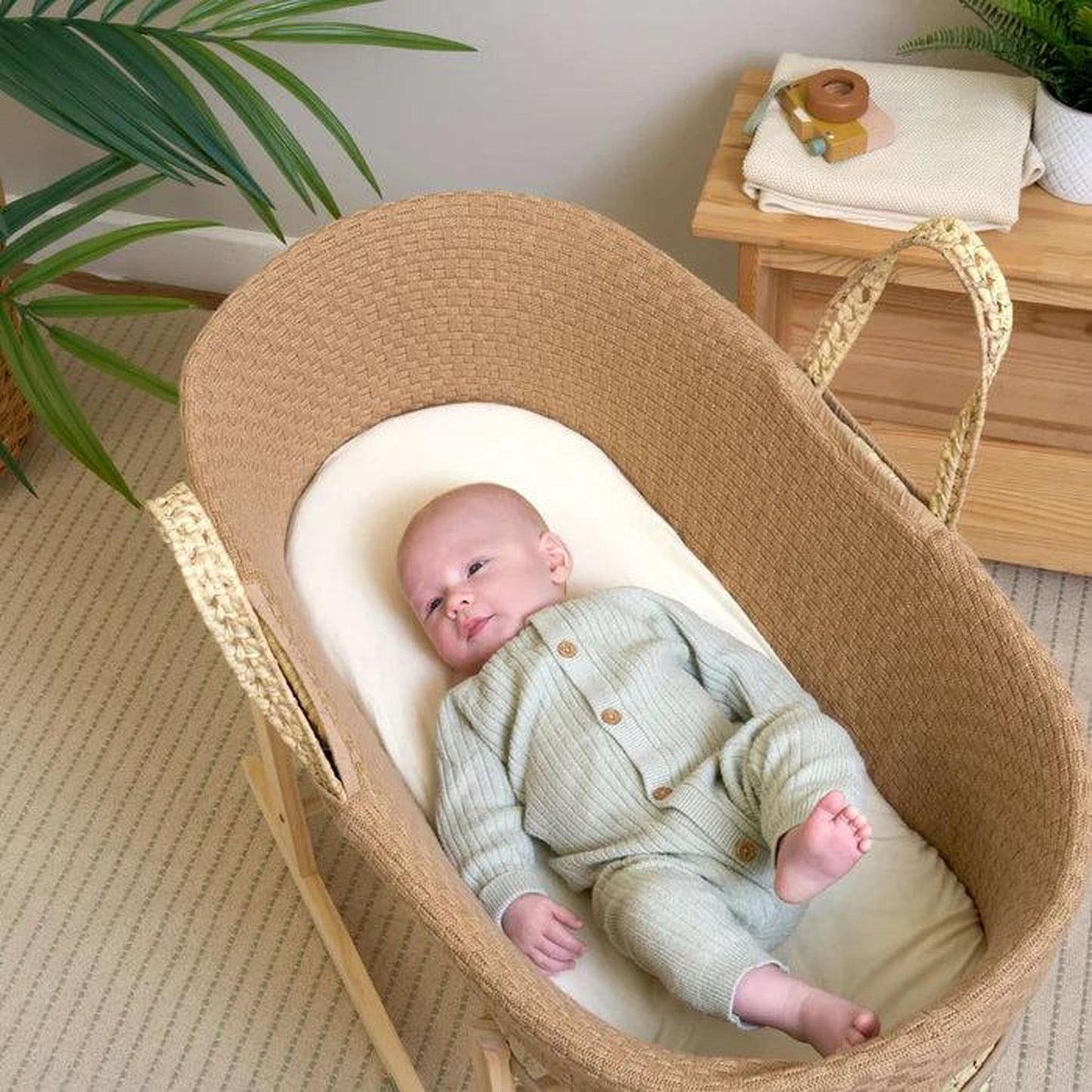 Clair De Lune Organic Knitted Palm Moses Basket (with Rocking Stand) - Biscuit-Dreamy Nursery