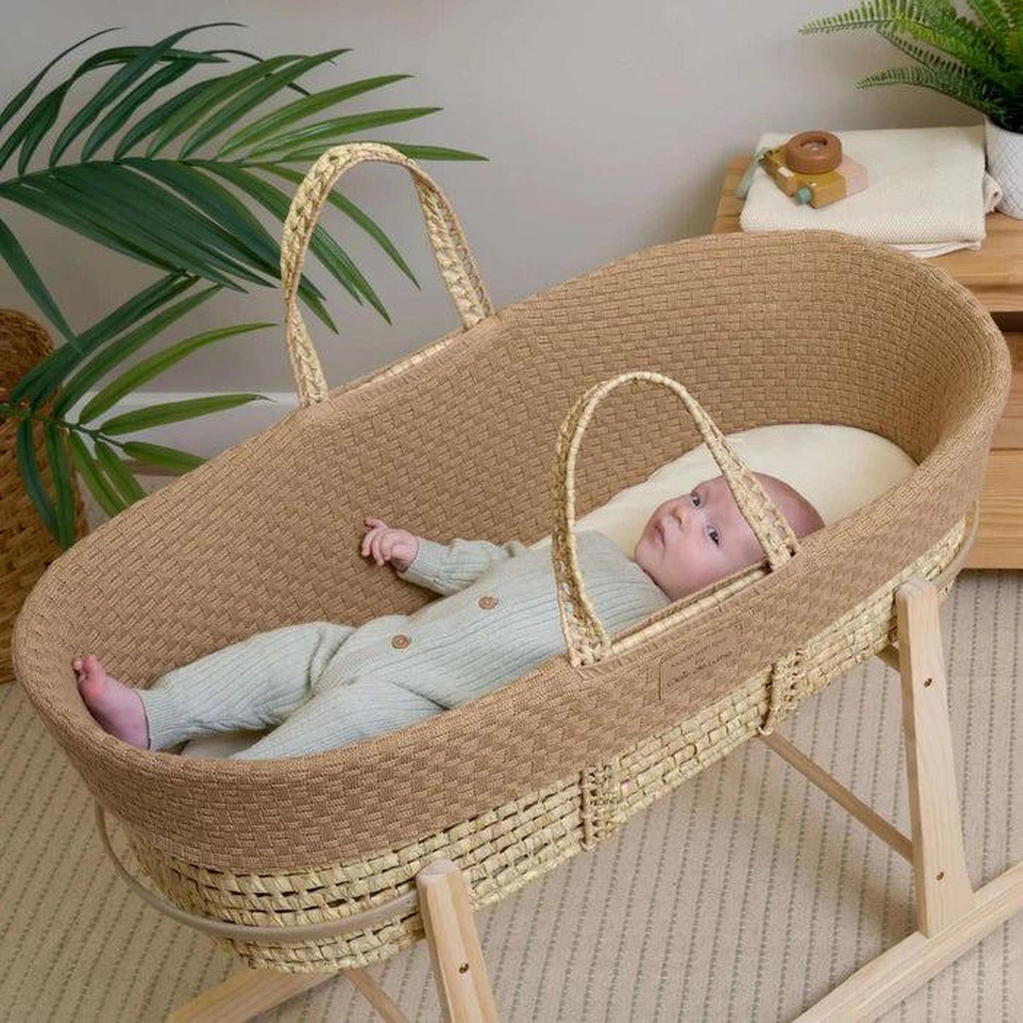 Clair De Lune Organic Knitted Palm Moses Basket (with Rocking Stand) - Biscuit-Dreamy Nursery
