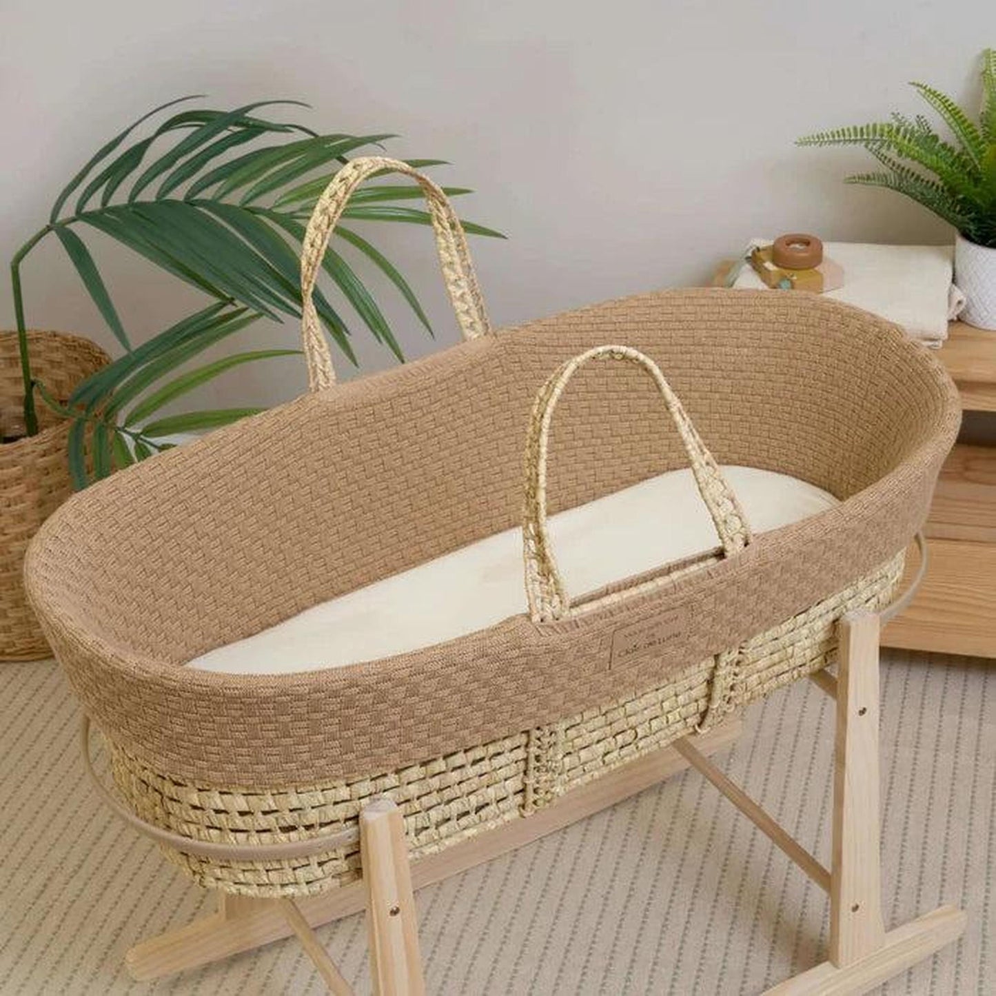 Clair De Lune Organic Knitted Palm Moses Basket (with Rocking Stand) - Biscuit-Dreamy Nursery