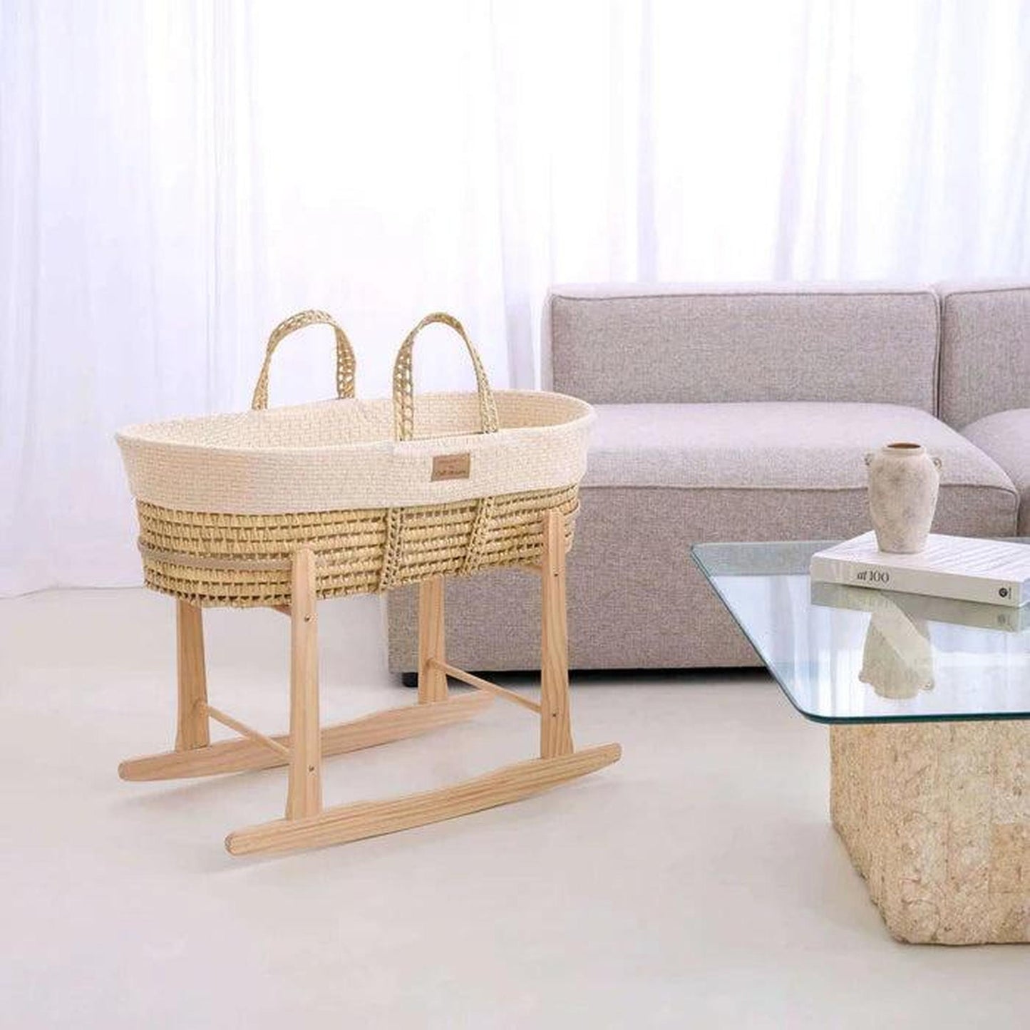Clair De Lune Organic Knitted Palm Moses Basket (with Rocking Stand) - Cream-Dreamy Nursery