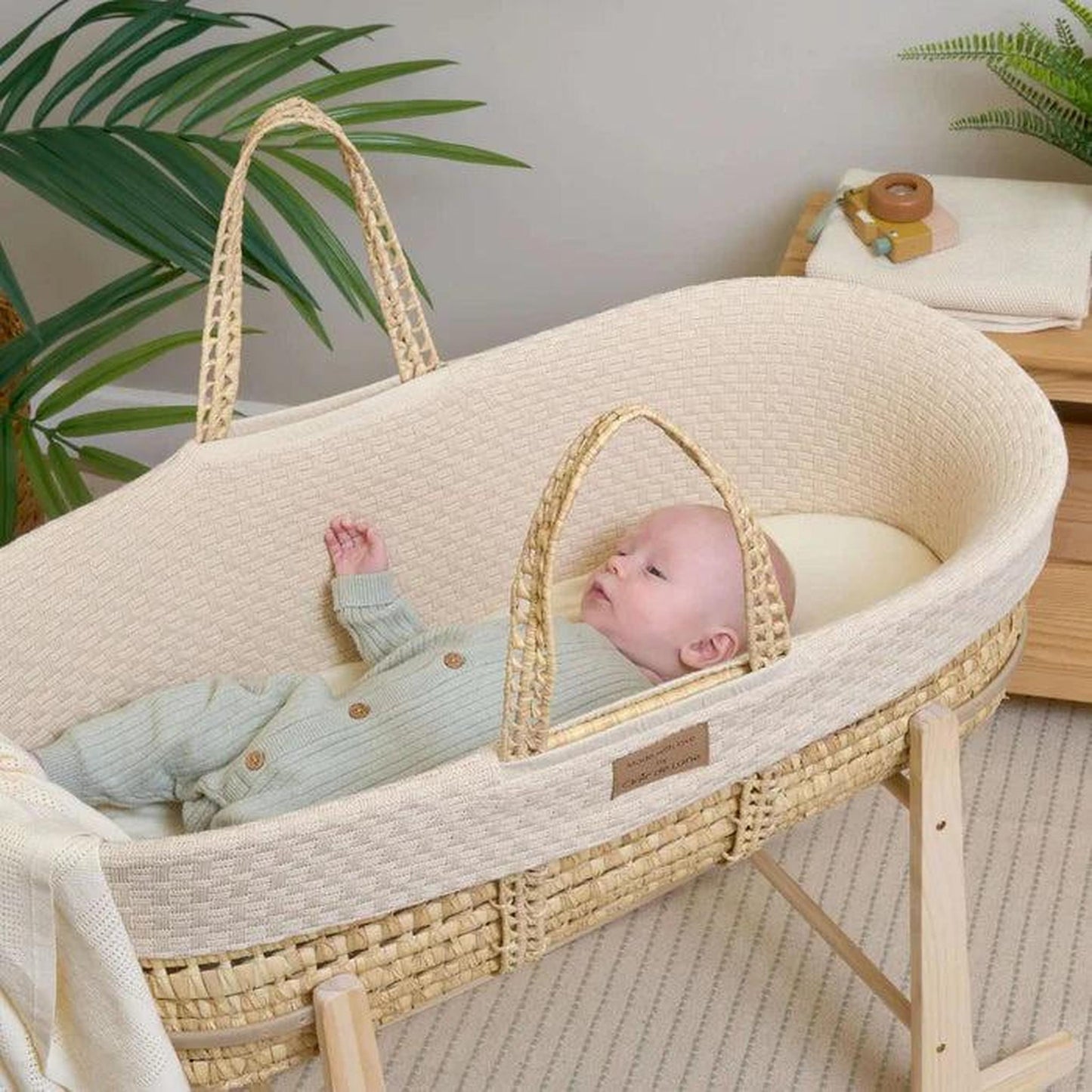 Clair De Lune Organic Knitted Palm Moses Basket (with Rocking Stand) - Cream-Dreamy Nursery