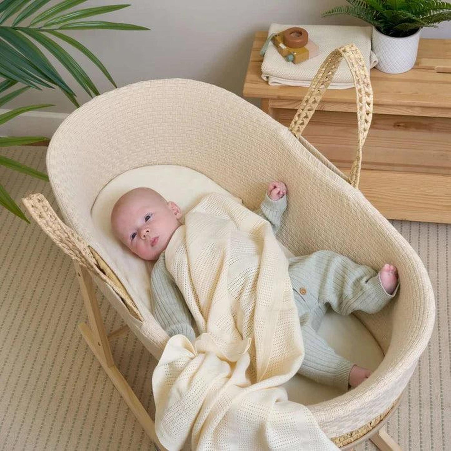 Clair De Lune Organic Knitted Palm Moses Basket (with Rocking Stand) - Cream-Dreamy Nursery