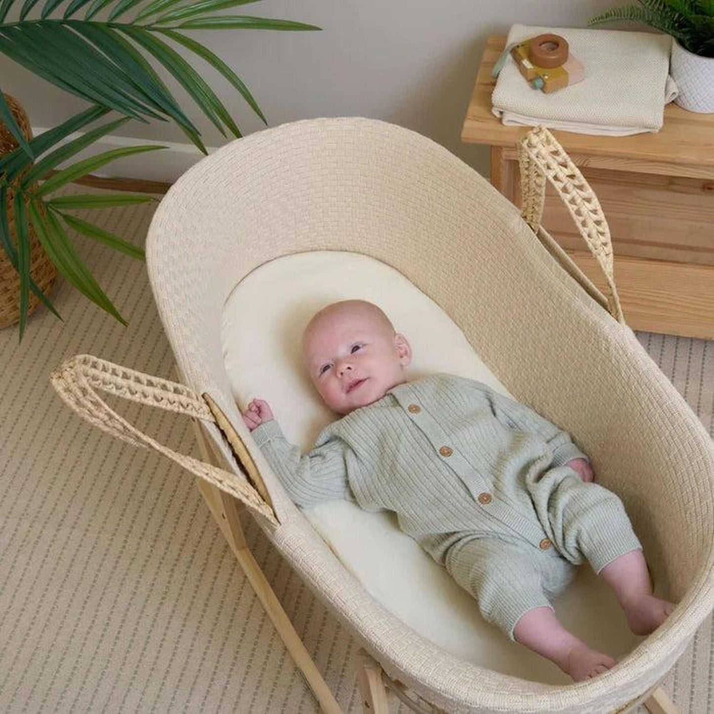Clair De Lune Organic Knitted Palm Moses Basket (with Rocking Stand) - Cream-Dreamy Nursery
