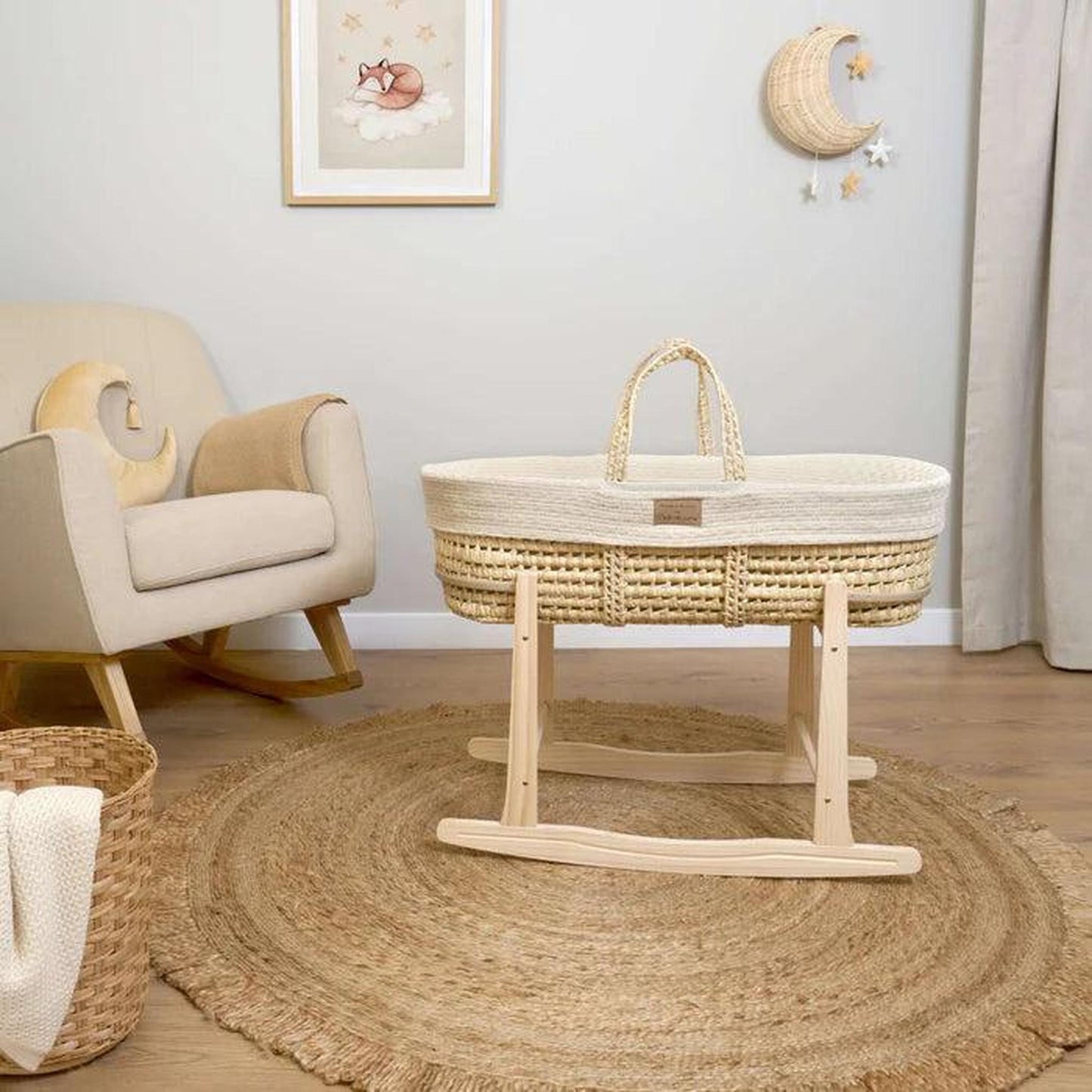 Clair De Lune Organic Knitted Palm Moses Basket (with Rocking Stand) - Cream-Dreamy Nursery