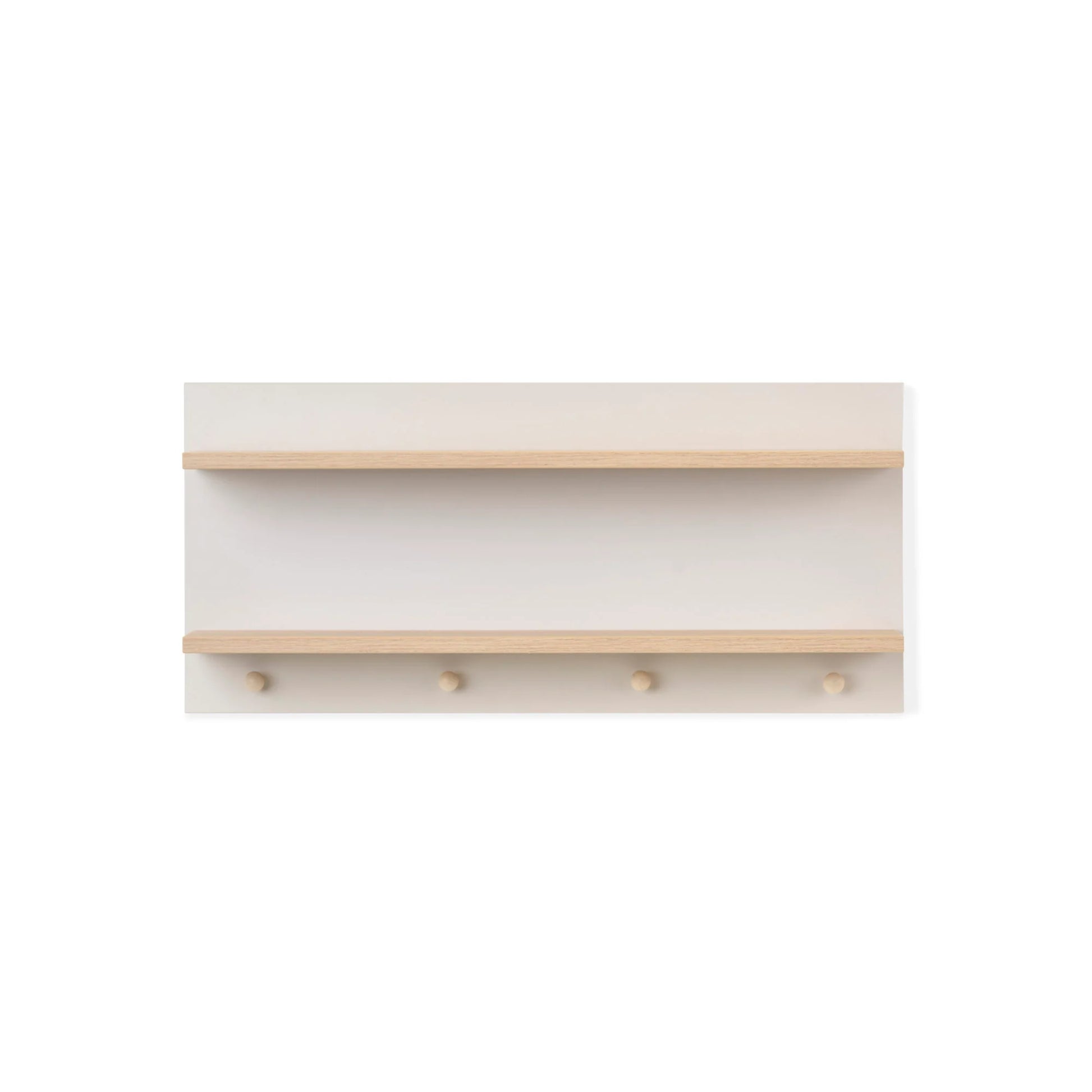 Obaby nursery wall shelf with two wooden shelves and four hooks in white and natural wood finish