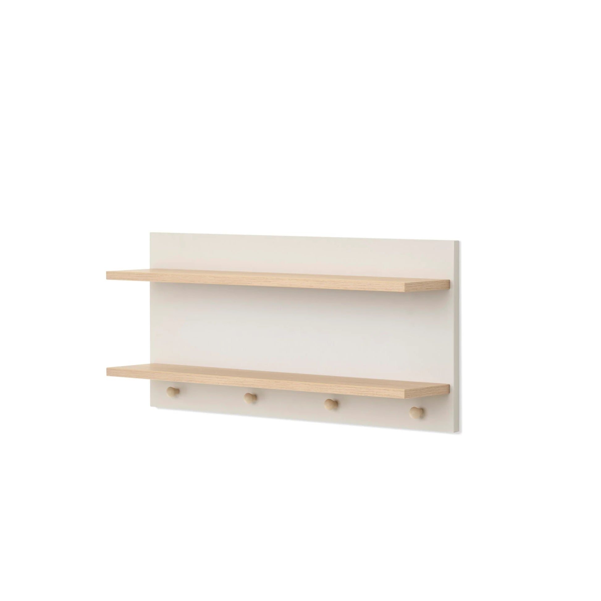 Obaby nursery wall shelf with two wooden shelves and four hooks in a minimalist white design