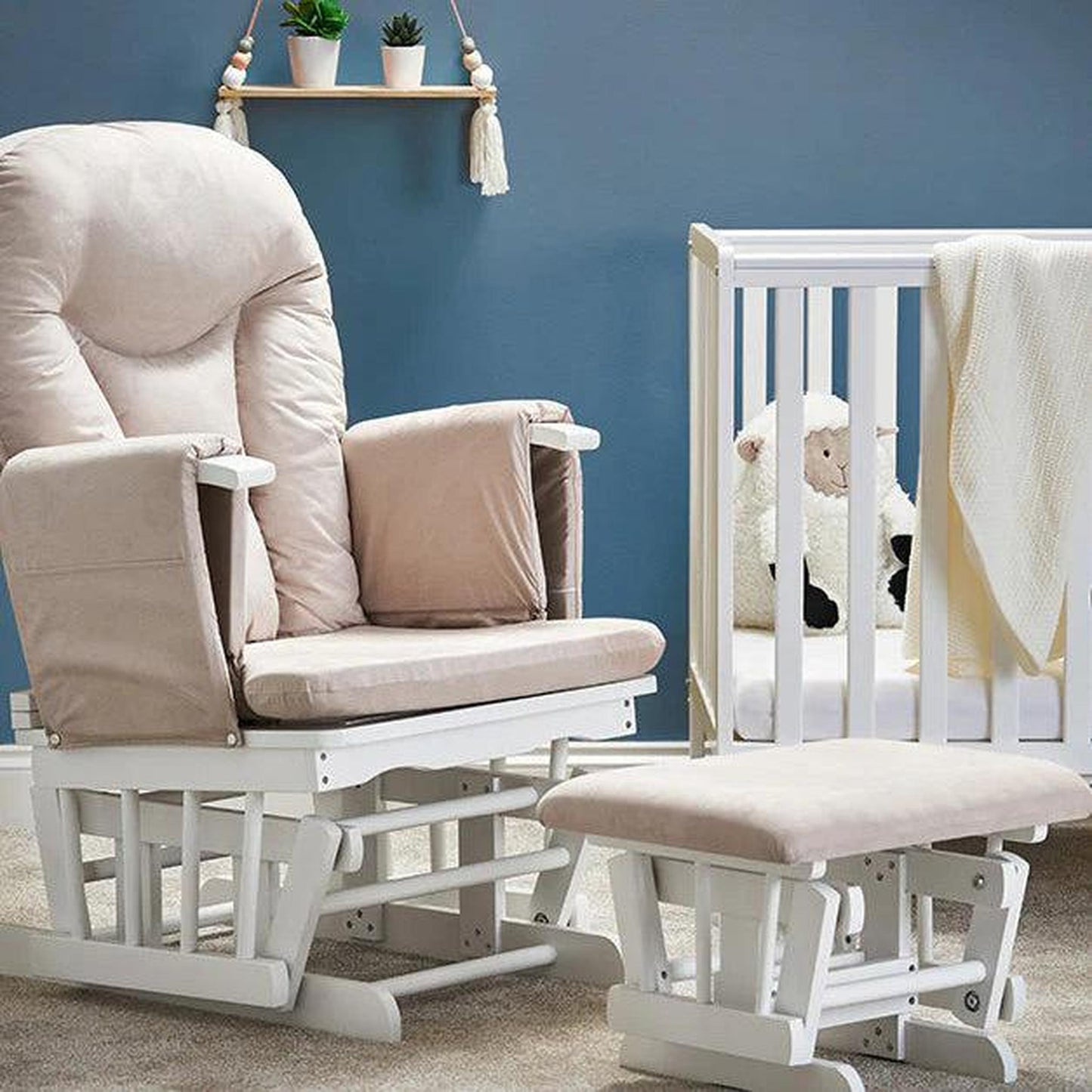 Obaby Reclining Glider Chair and Stool - White with Sand Cushion-Dreamy Nursery