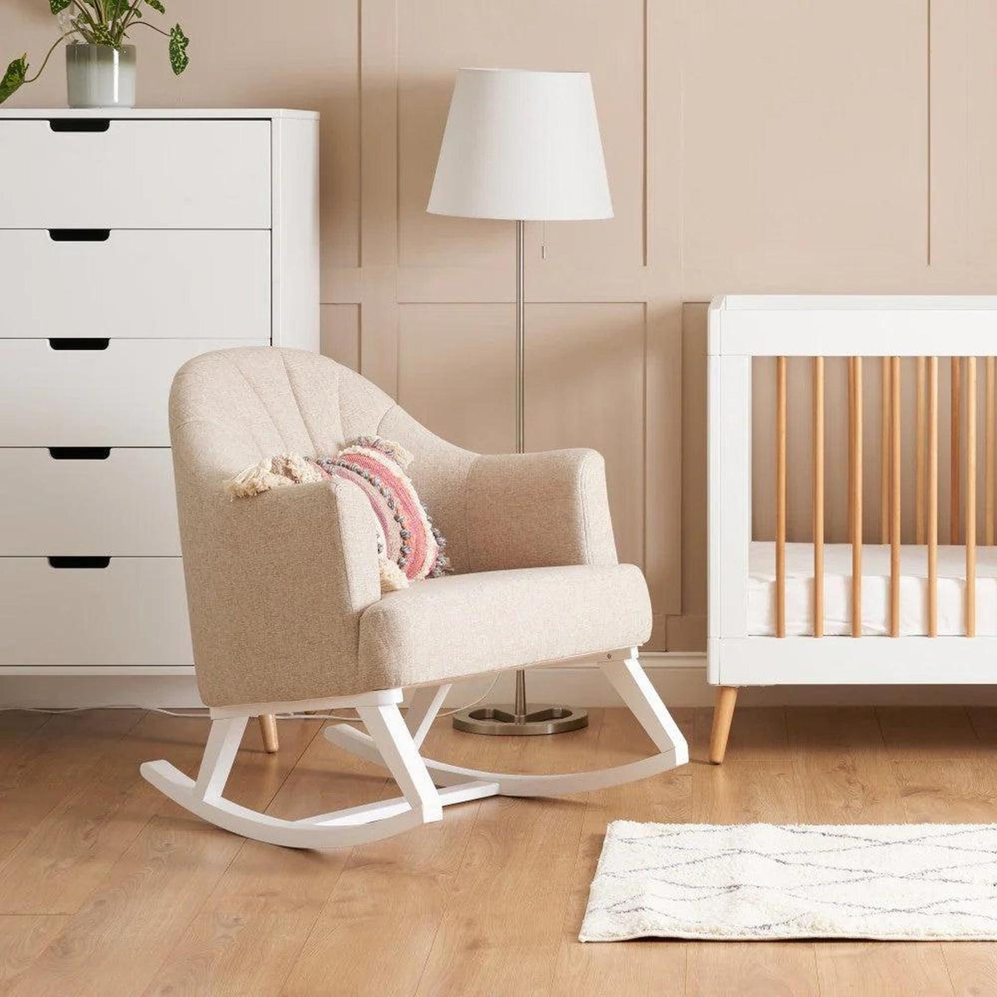Obaby Round Back Rocking Chair - White with Oatmeal Cushions-Dreamy Nursery