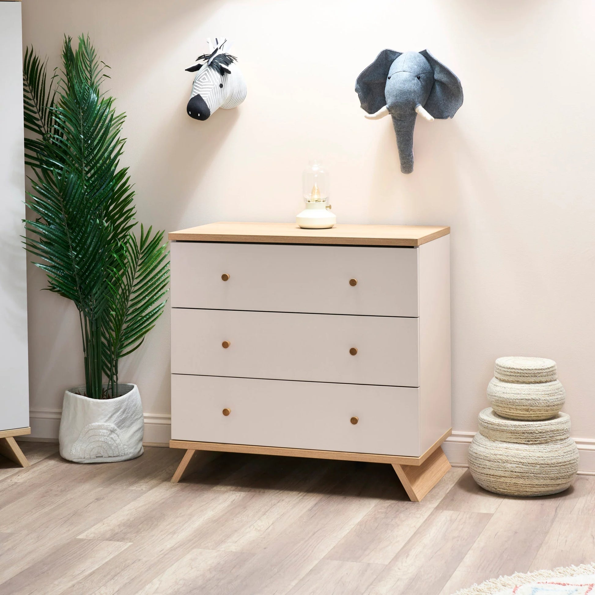 Obaby Thea changing unit chest changer with three drawers in beige and wood finish in nursery room
